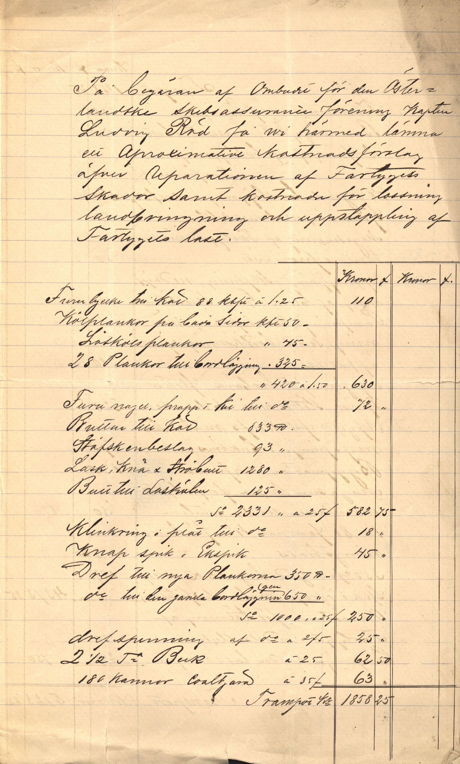 Pa 63 - Østlandske skibsassuranceforening, VEMU/A-1079/G/Ga/L0014/0009: Havaridokumenter / Peter, Olinda, Prinds Chr. August, Poseidon, 1882, p. 50
