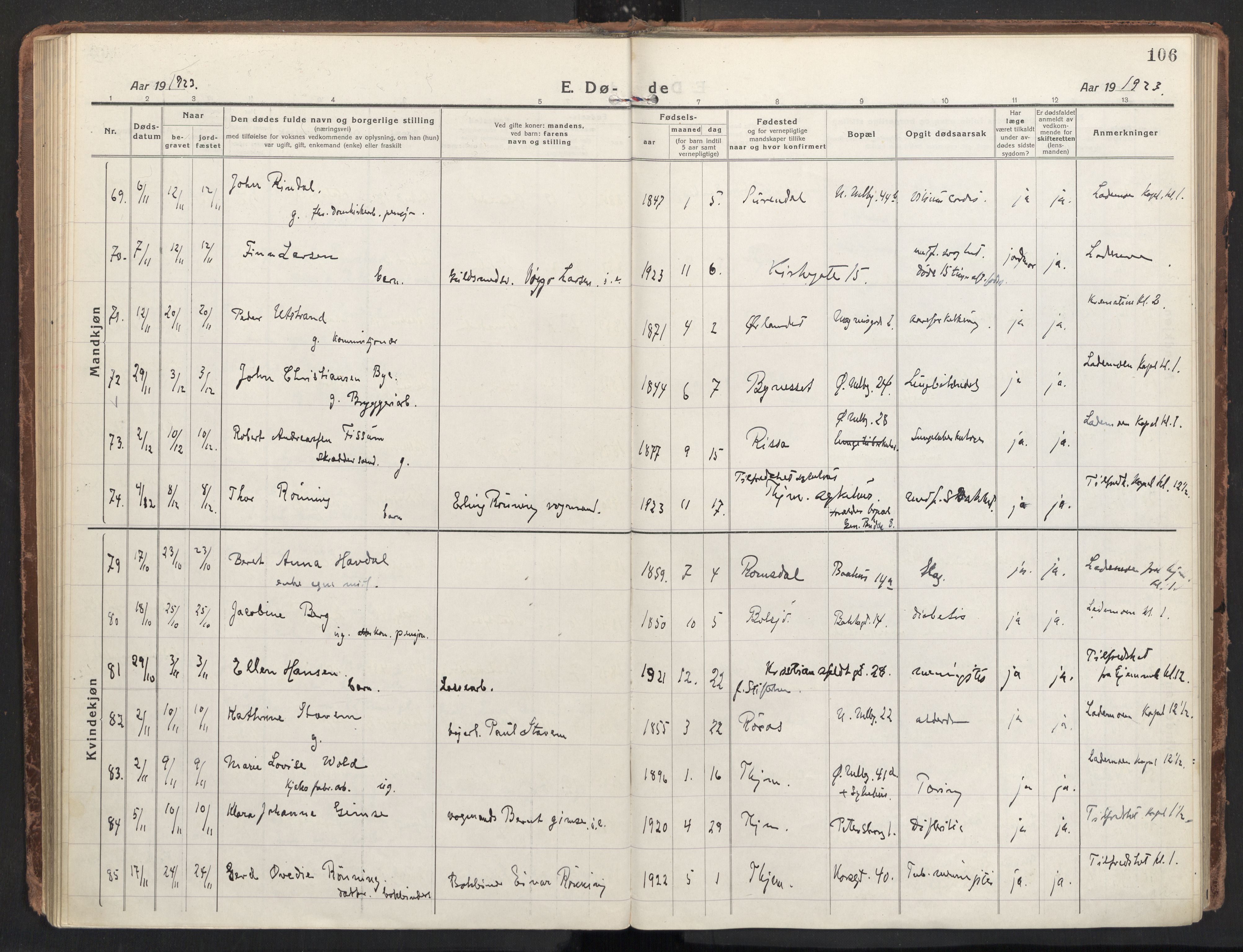 Ministerialprotokoller, klokkerbøker og fødselsregistre - Sør-Trøndelag, AV/SAT-A-1456/604/L0207: Parish register (official) no. 604A27, 1917-1933, p. 106