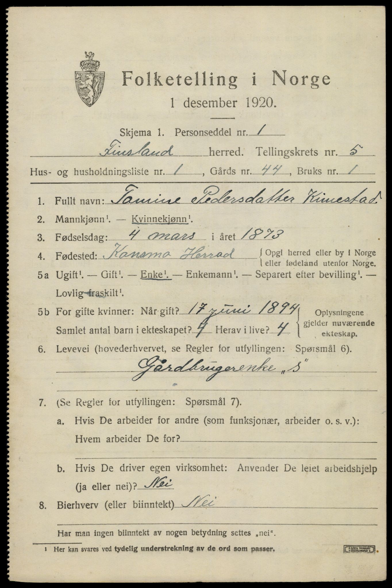 SAK, 1920 census for Finsland, 1920, p. 1814