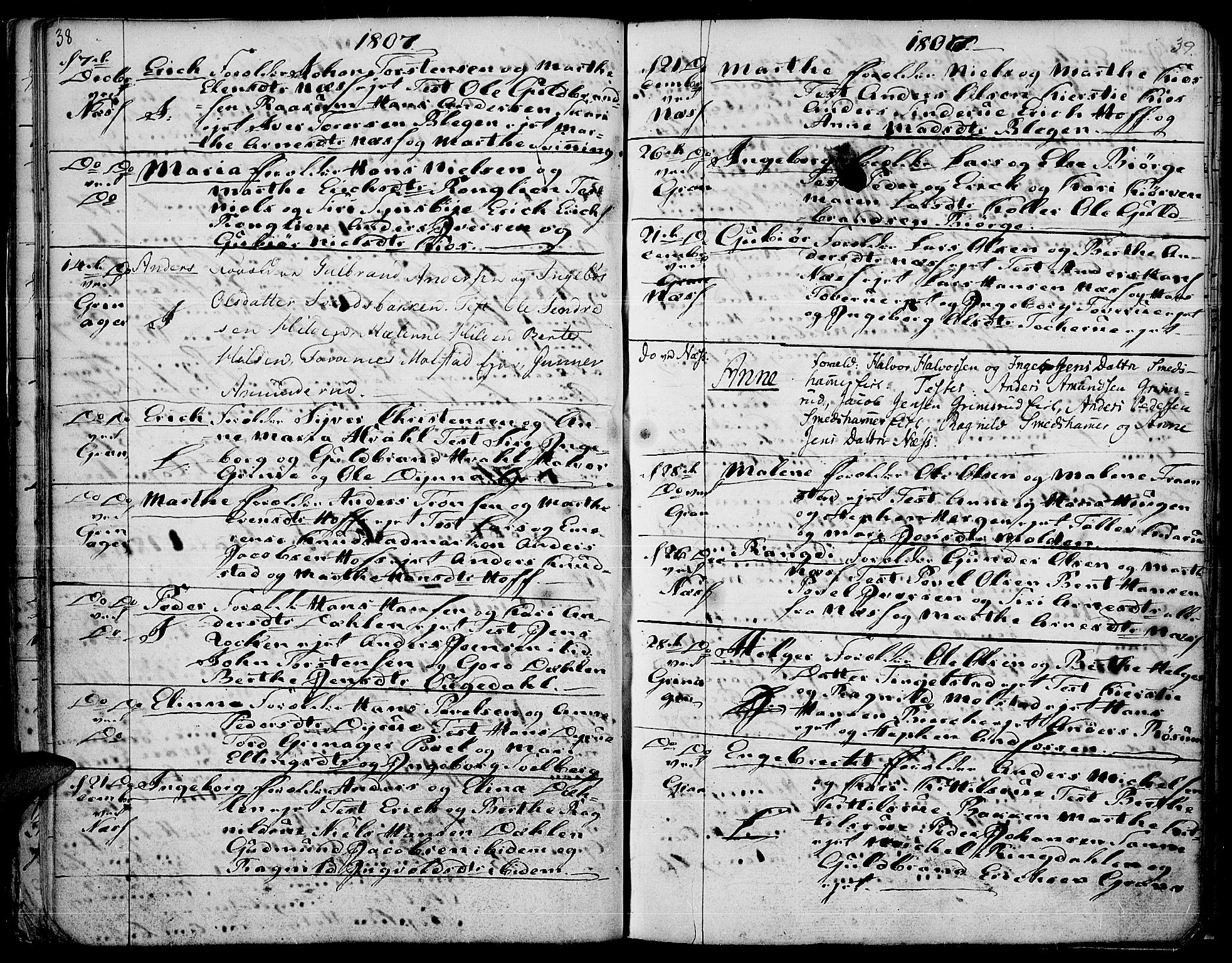 Gran prestekontor, SAH/PREST-112/H/Ha/Haa/L0007: Parish register (official) no. 7, 1804-1815, p. 38-39