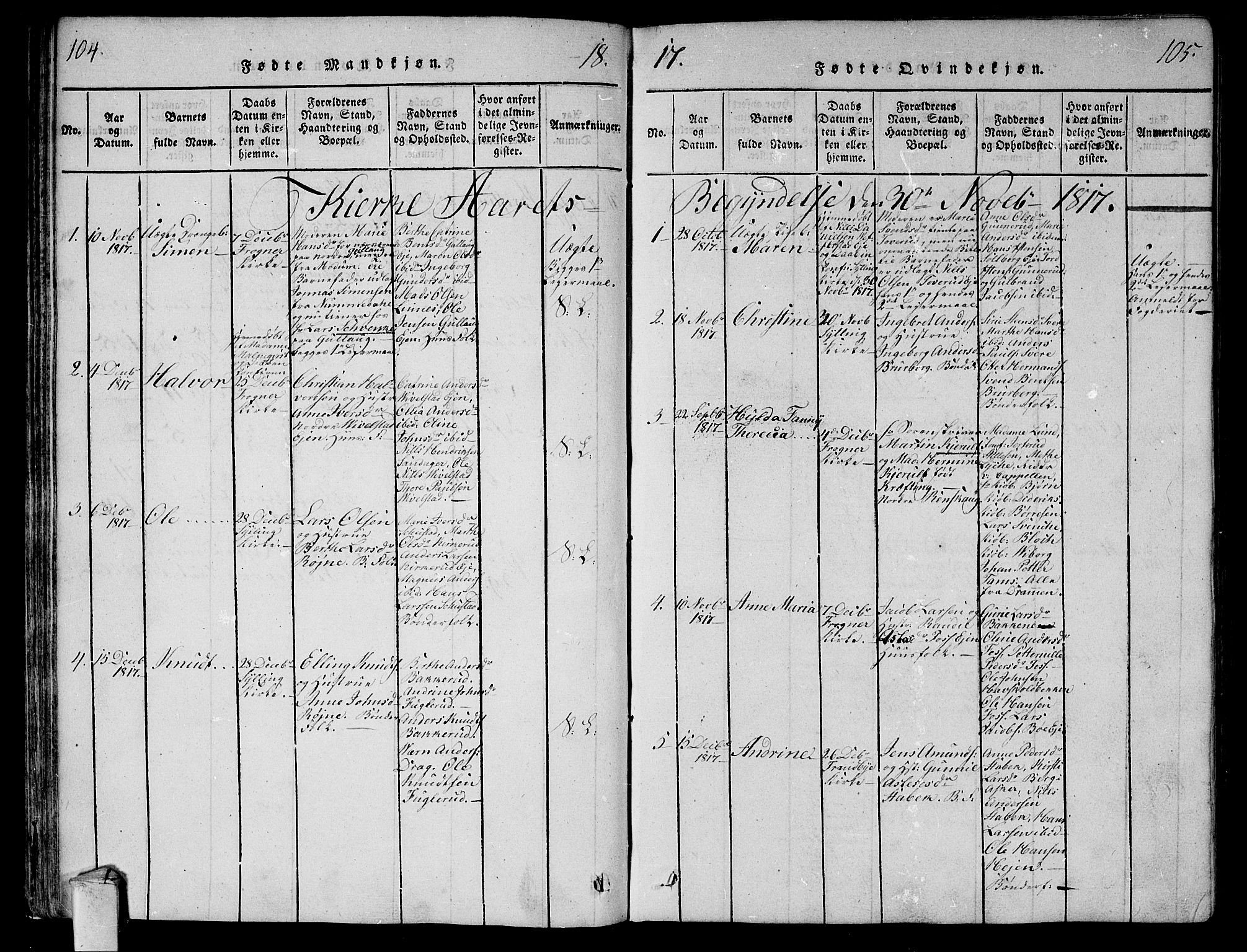 Lier kirkebøker, AV/SAKO-A-230/F/Fa/L0008: Parish register (official) no. I 8, 1813-1825, p. 104-105