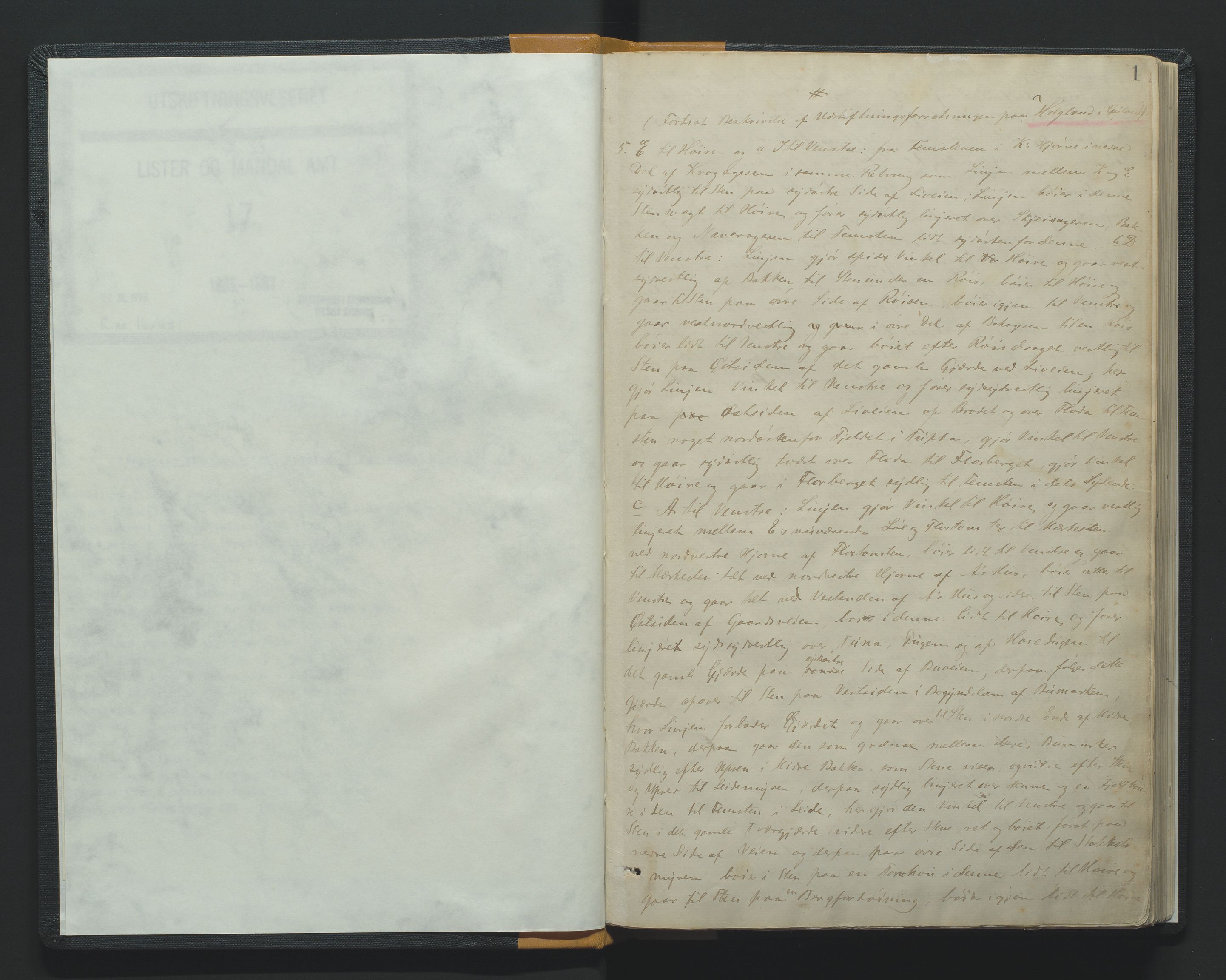 Utskiftningsformannen i Lister og Mandal amt, AV/SAK-1541-0003/F/Fa/Faa/L0017: Utskiftningsprotokoll med register nr 17, 1885-1887, p. 1a