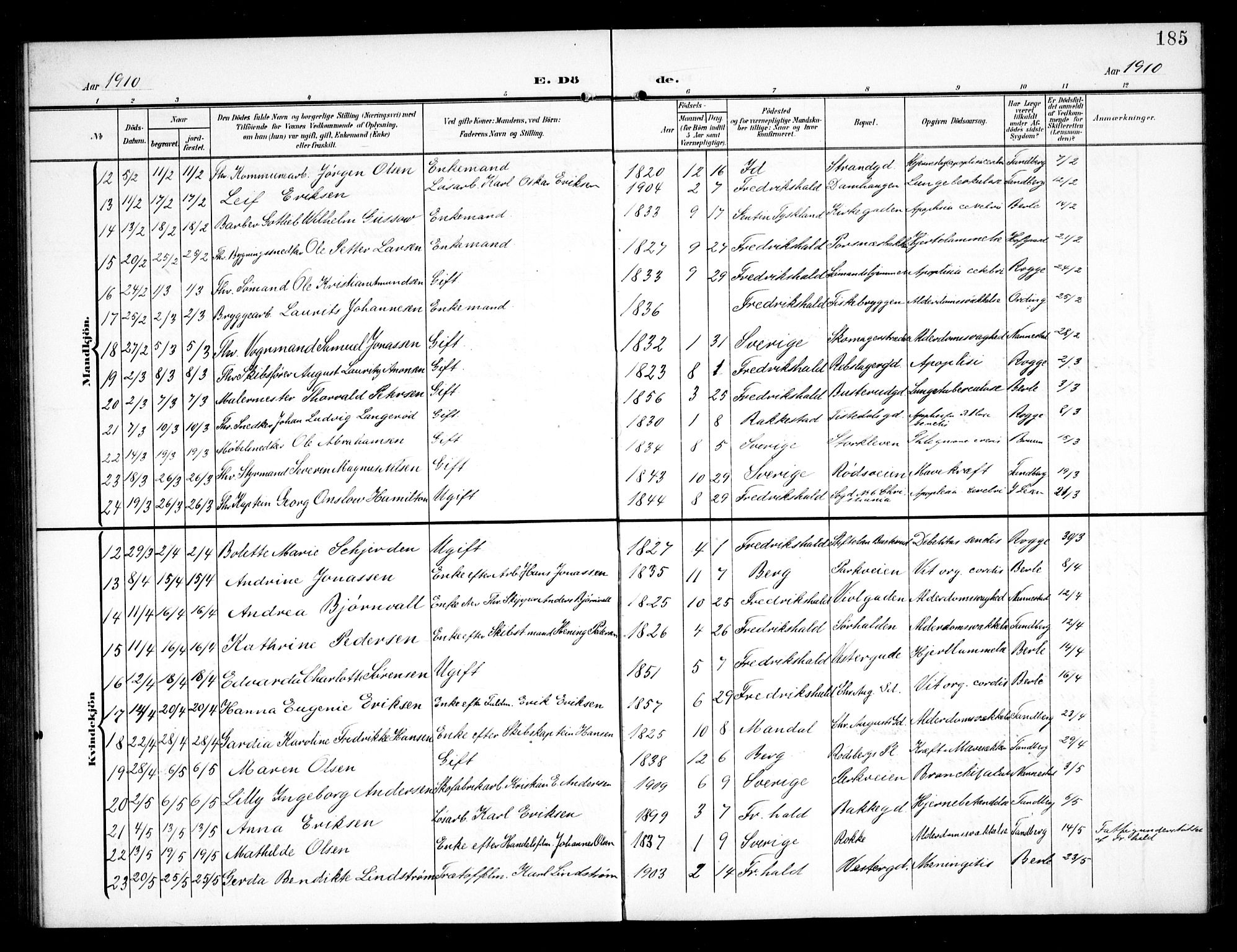 Halden prestekontor Kirkebøker, AV/SAO-A-10909/G/Ga/L0011: Parish register (copy) no. 11, 1906-1934, p. 185