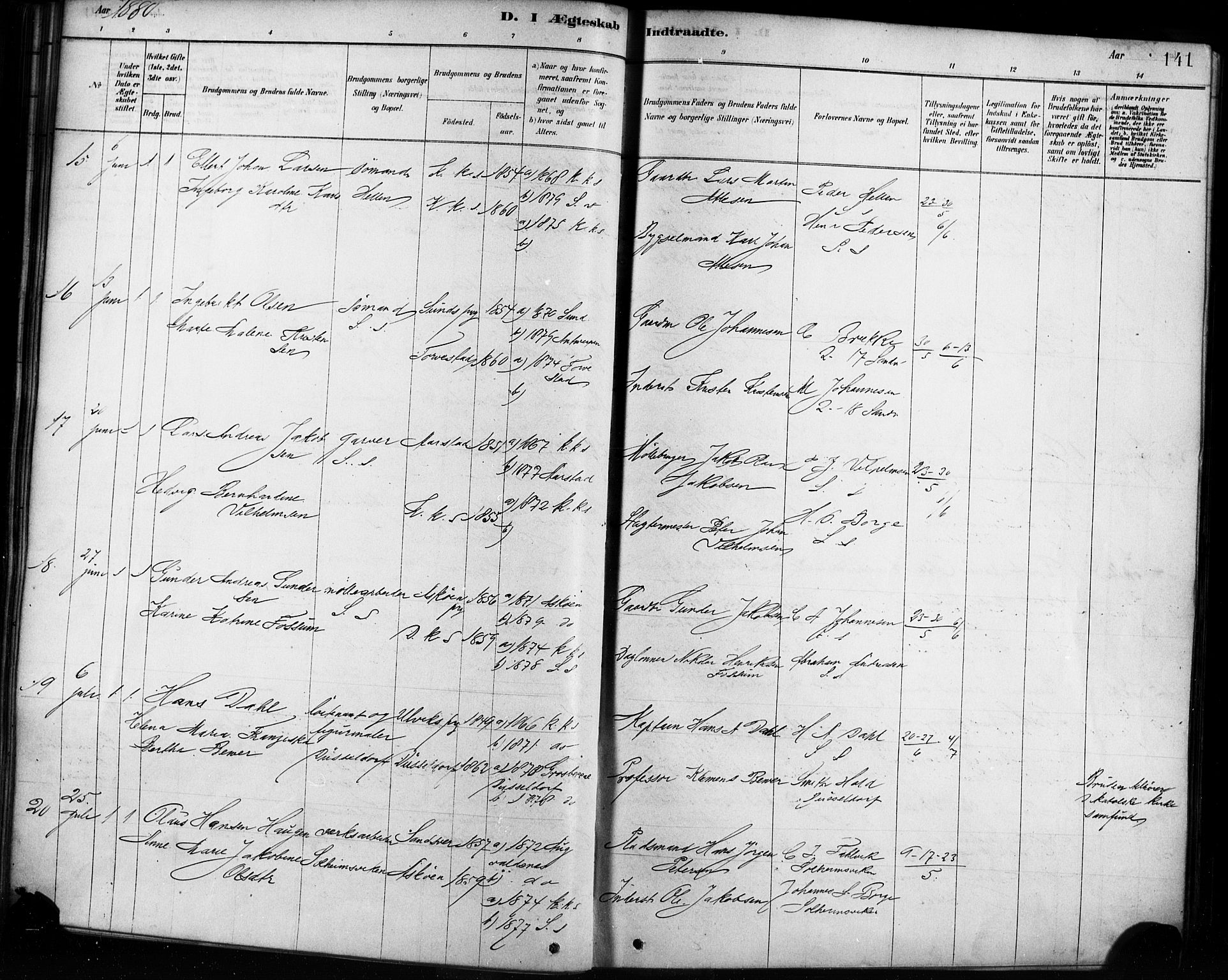 Sandviken Sokneprestembete, AV/SAB-A-77601/H/Ha/L0002: Parish register (official) no. A 2, 1878-1896, p. 141