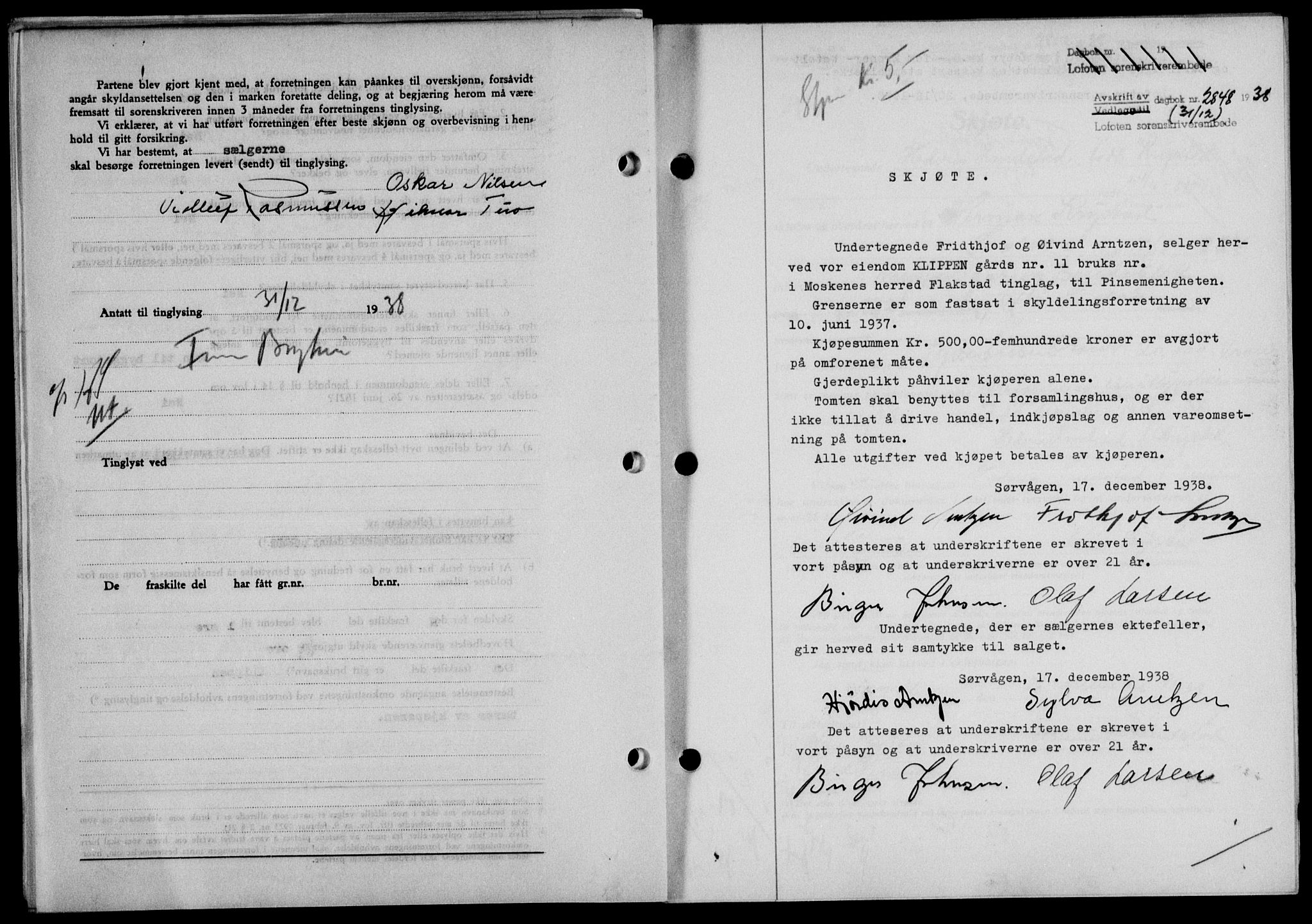 Lofoten sorenskriveri, SAT/A-0017/1/2/2C/L0005a: Mortgage book no. 5a, 1939-1939, Diary no: : 2848/1938