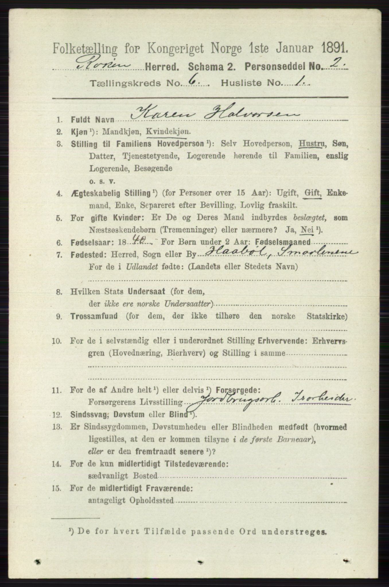 RA, 1891 census for 0627 Røyken, 1891, p. 3640