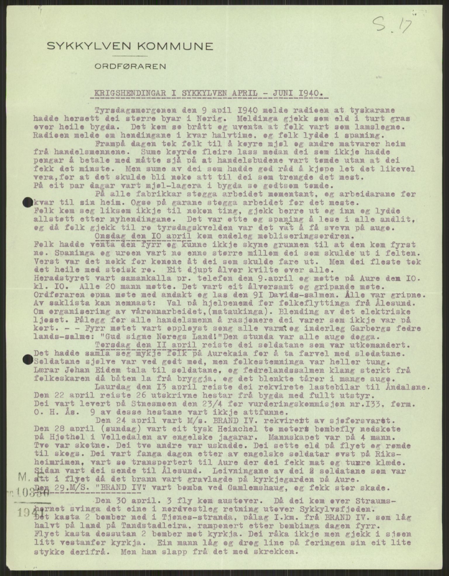 Forsvaret, Forsvarets krigshistoriske avdeling, AV/RA-RAFA-2017/Y/Ya/L0015: II-C-11-31 - Fylkesmenn.  Rapporter om krigsbegivenhetene 1940., 1940, p. 785