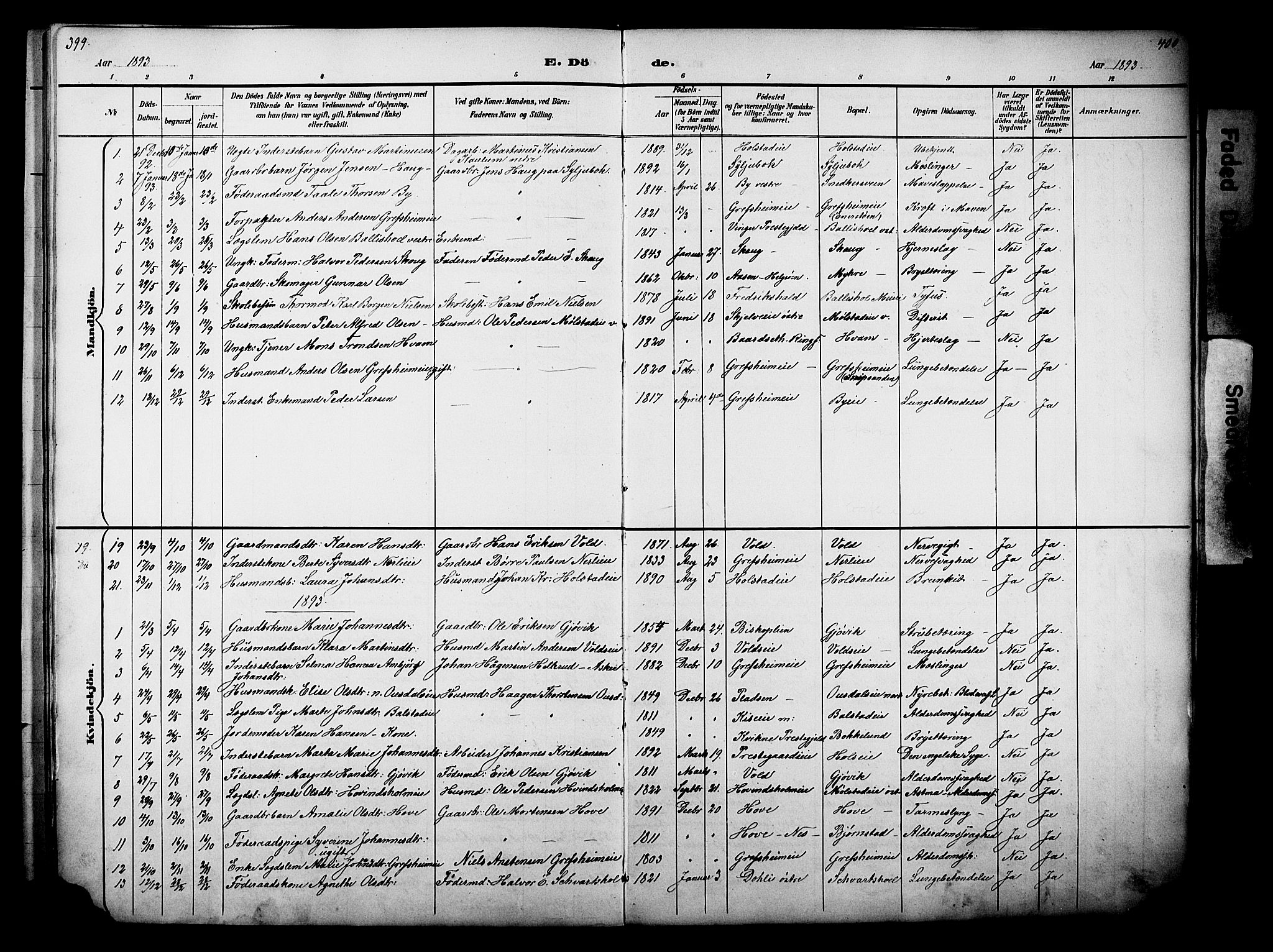 Nes prestekontor, Hedmark, AV/SAH-PREST-020/L/La/L0006: Parish register (copy) no. 6, 1890-1932, p. 399-400