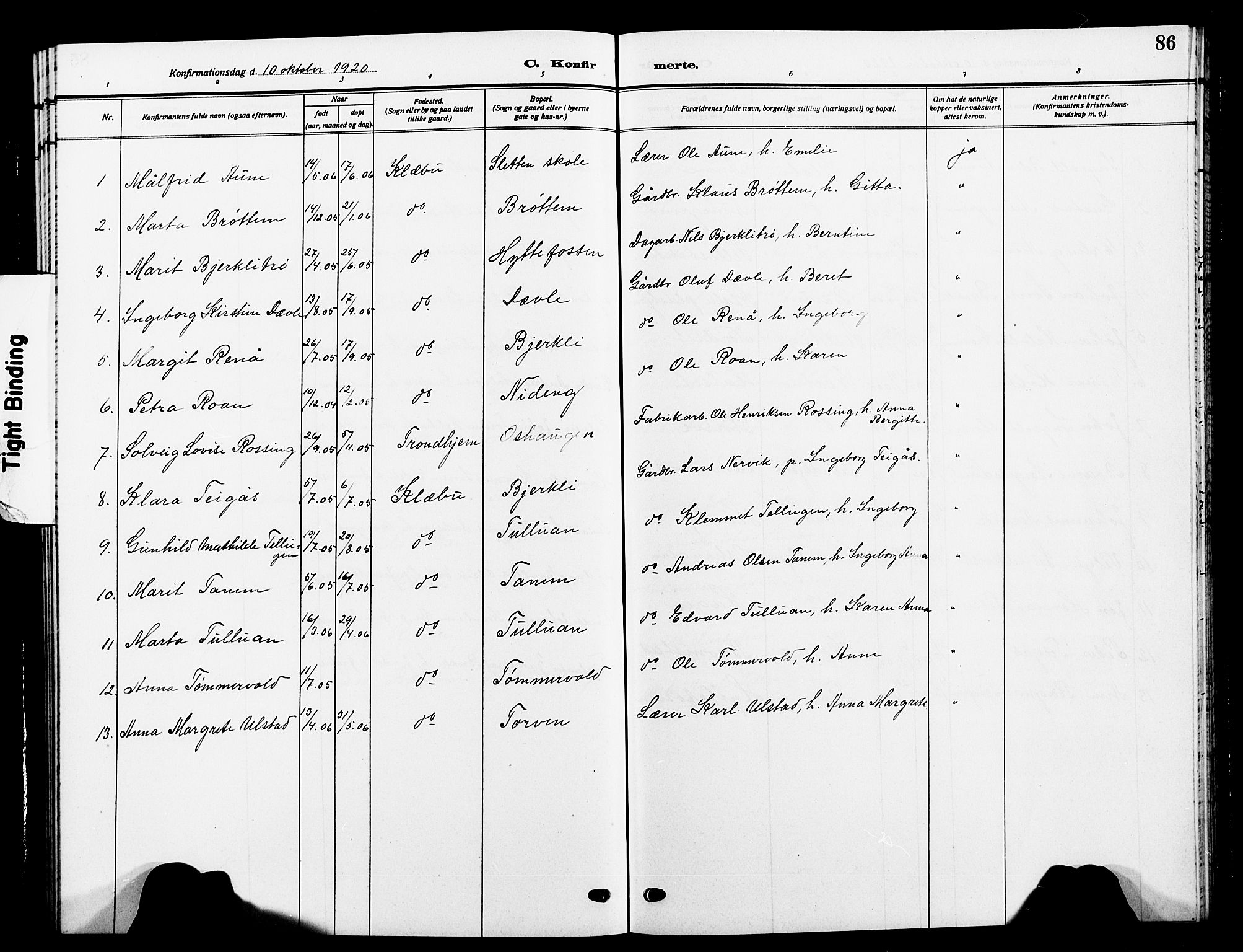Ministerialprotokoller, klokkerbøker og fødselsregistre - Sør-Trøndelag, SAT/A-1456/618/L0453: Parish register (copy) no. 618C04, 1907-1925, p. 86