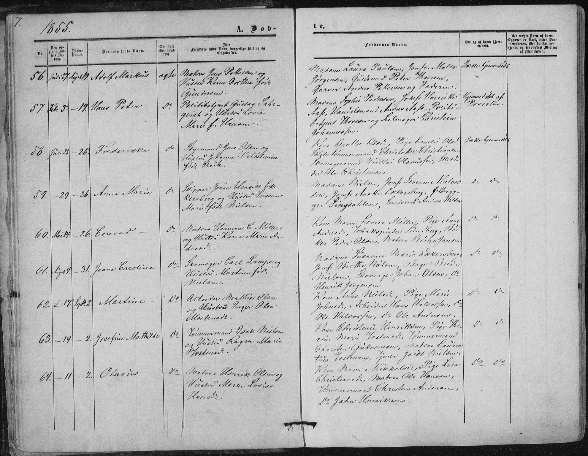 Tønsberg kirkebøker, SAKO/A-330/F/Fa/L0008: Parish register (official) no. I 8, 1855-1864, p. 7