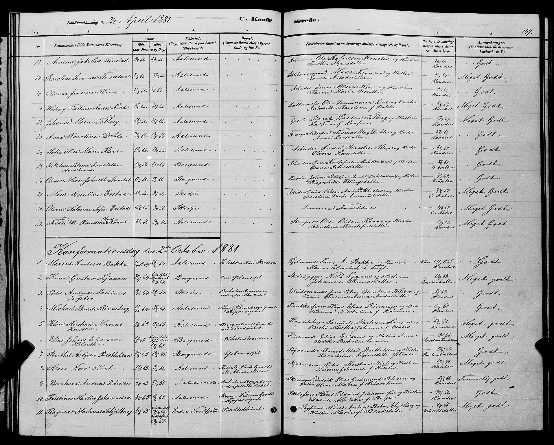 Ministerialprotokoller, klokkerbøker og fødselsregistre - Møre og Romsdal, SAT/A-1454/529/L0466: Parish register (copy) no. 529C03, 1878-1888, p. 157