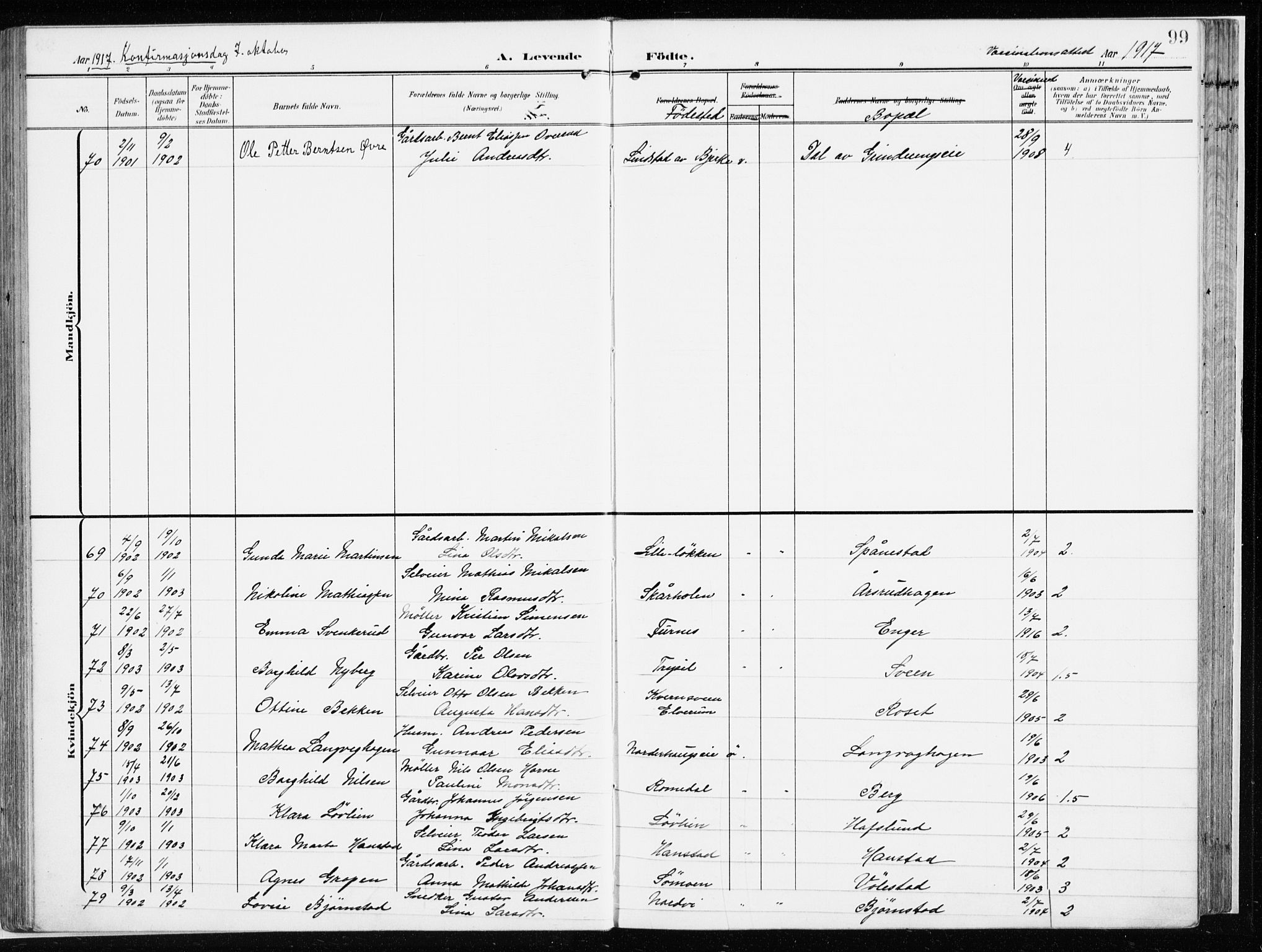 Løten prestekontor, AV/SAH-PREST-022/K/Ka/L0011: Parish register (official) no. 11, 1908-1917, p. 99
