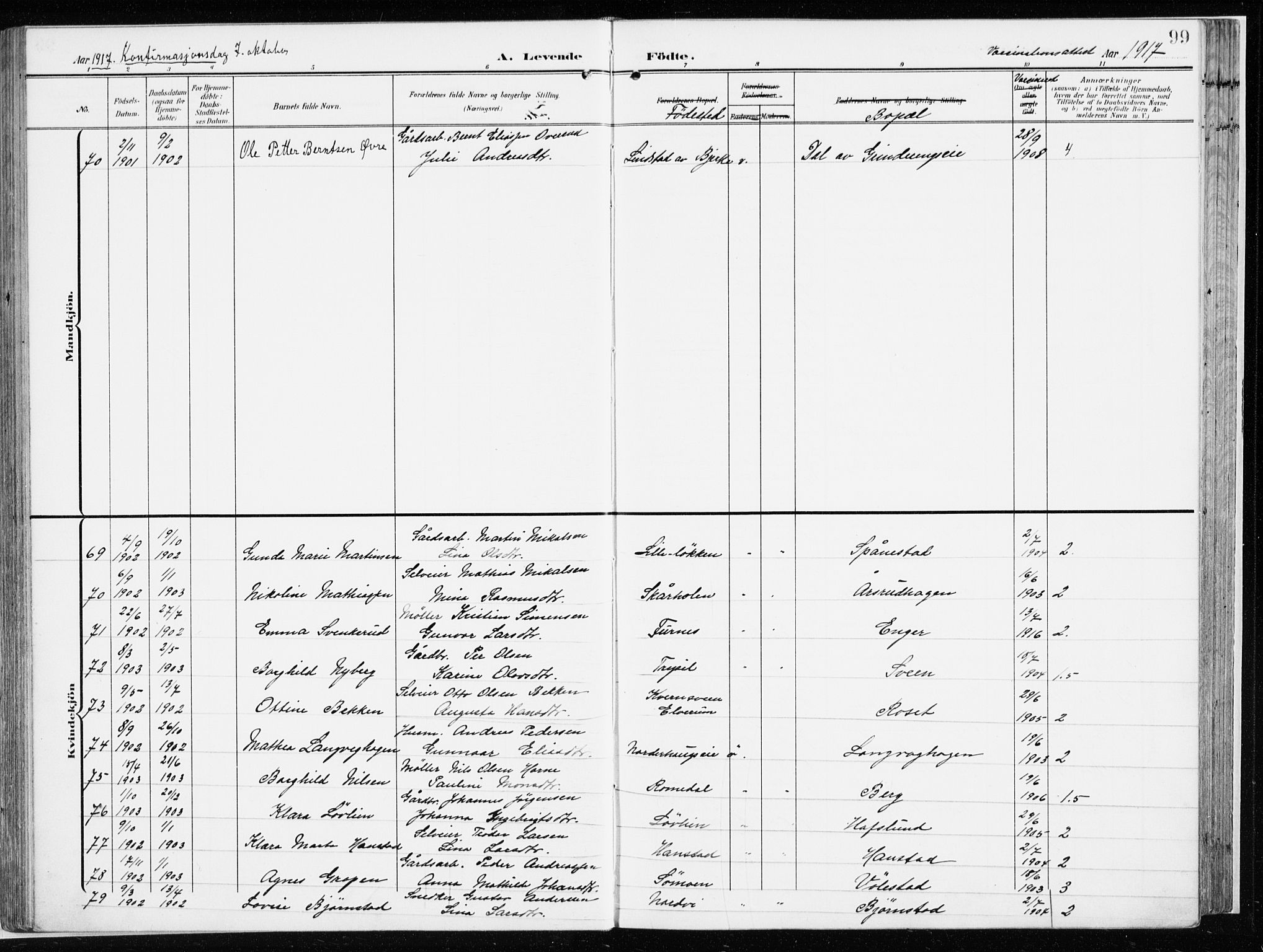 Løten prestekontor, SAH/PREST-022/K/Ka/L0011: Parish register (official) no. 11, 1908-1917, p. 99