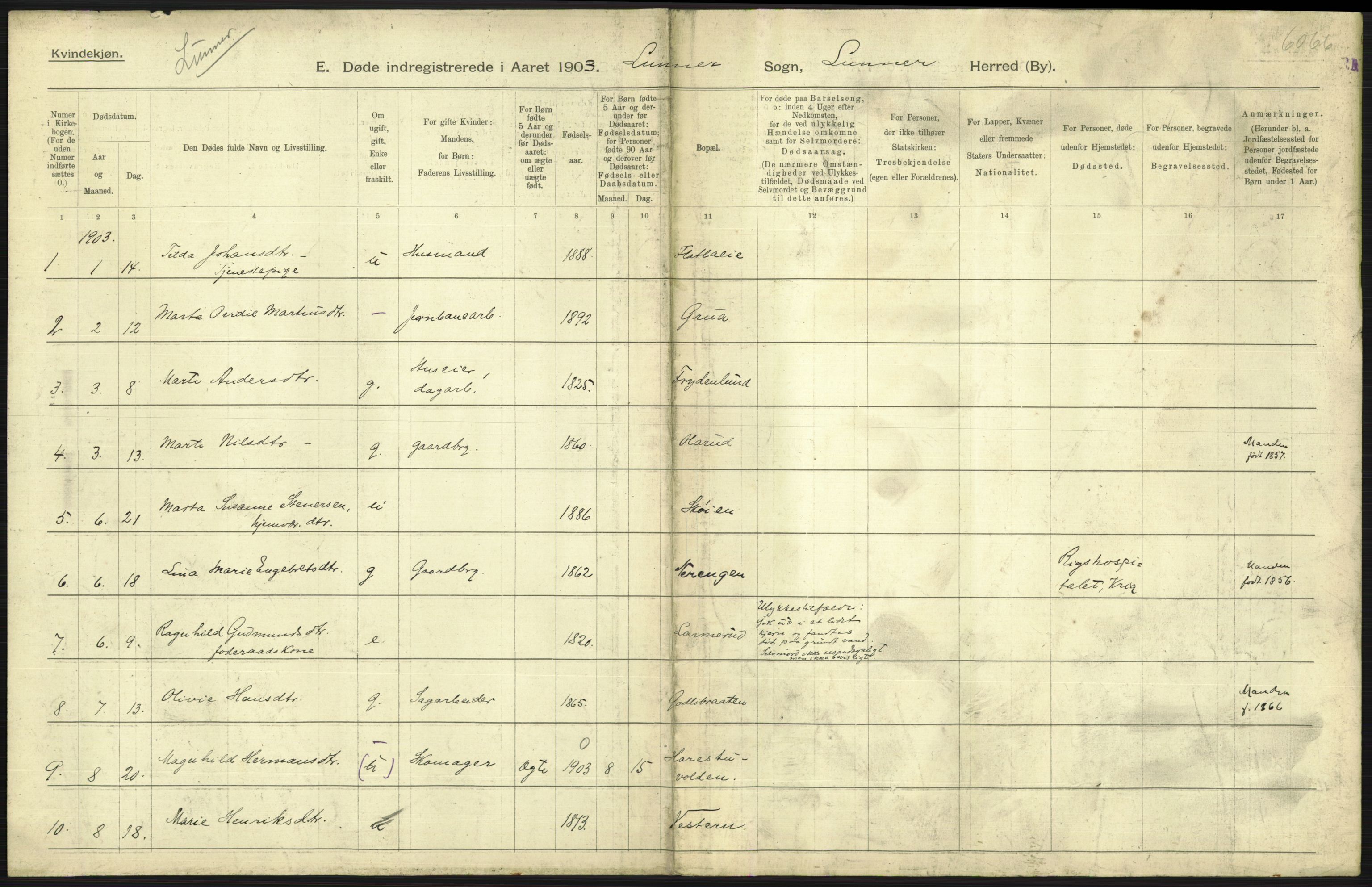 Statistisk sentralbyrå, Sosiodemografiske emner, Befolkning, AV/RA-S-2228/D/Df/Dfa/Dfaa/L0006: Kristians amt: Fødte, gifte, døde, 1903, p. 597