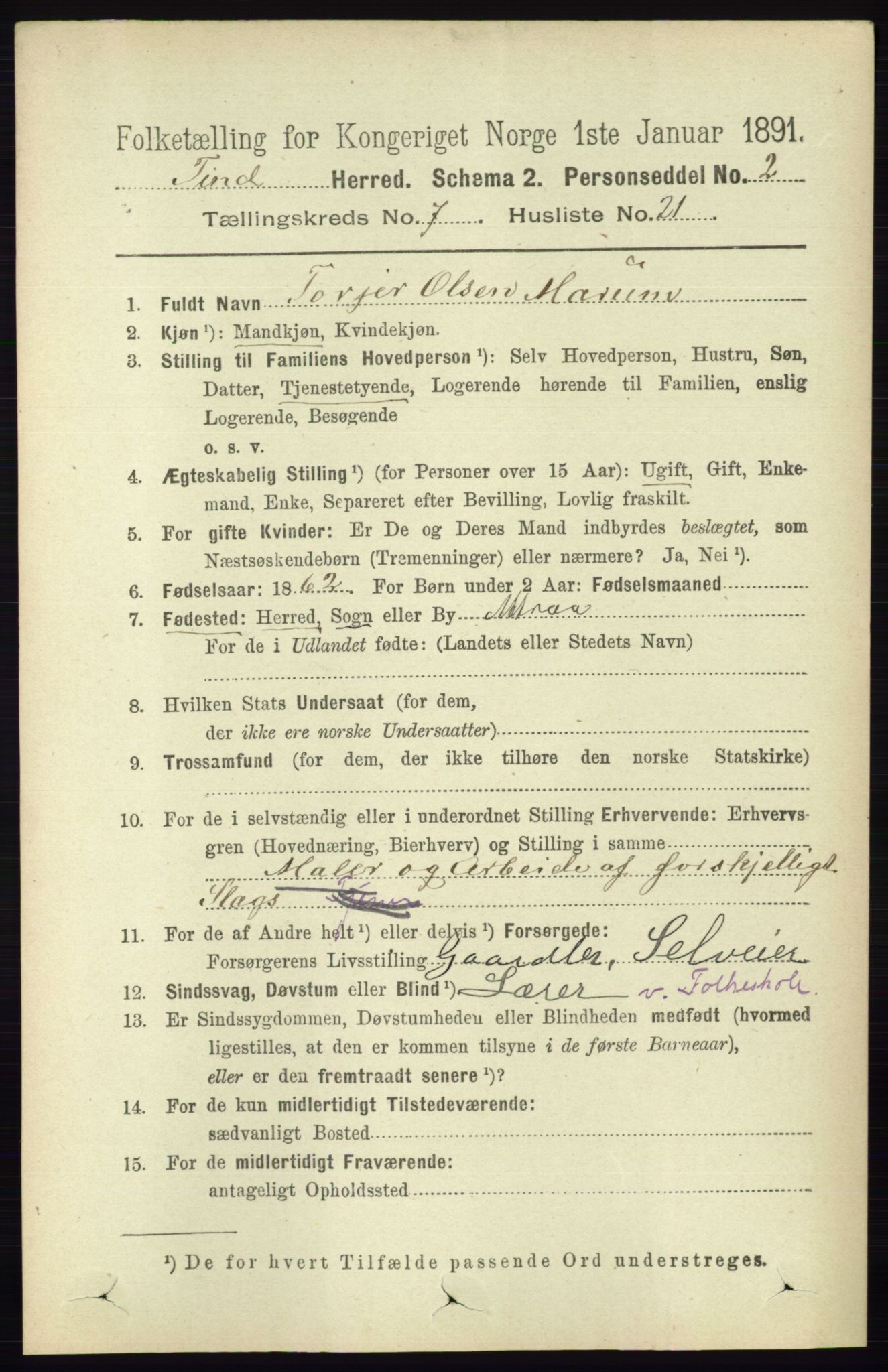 RA, 1891 census for 0826 Tinn, 1891, p. 1535