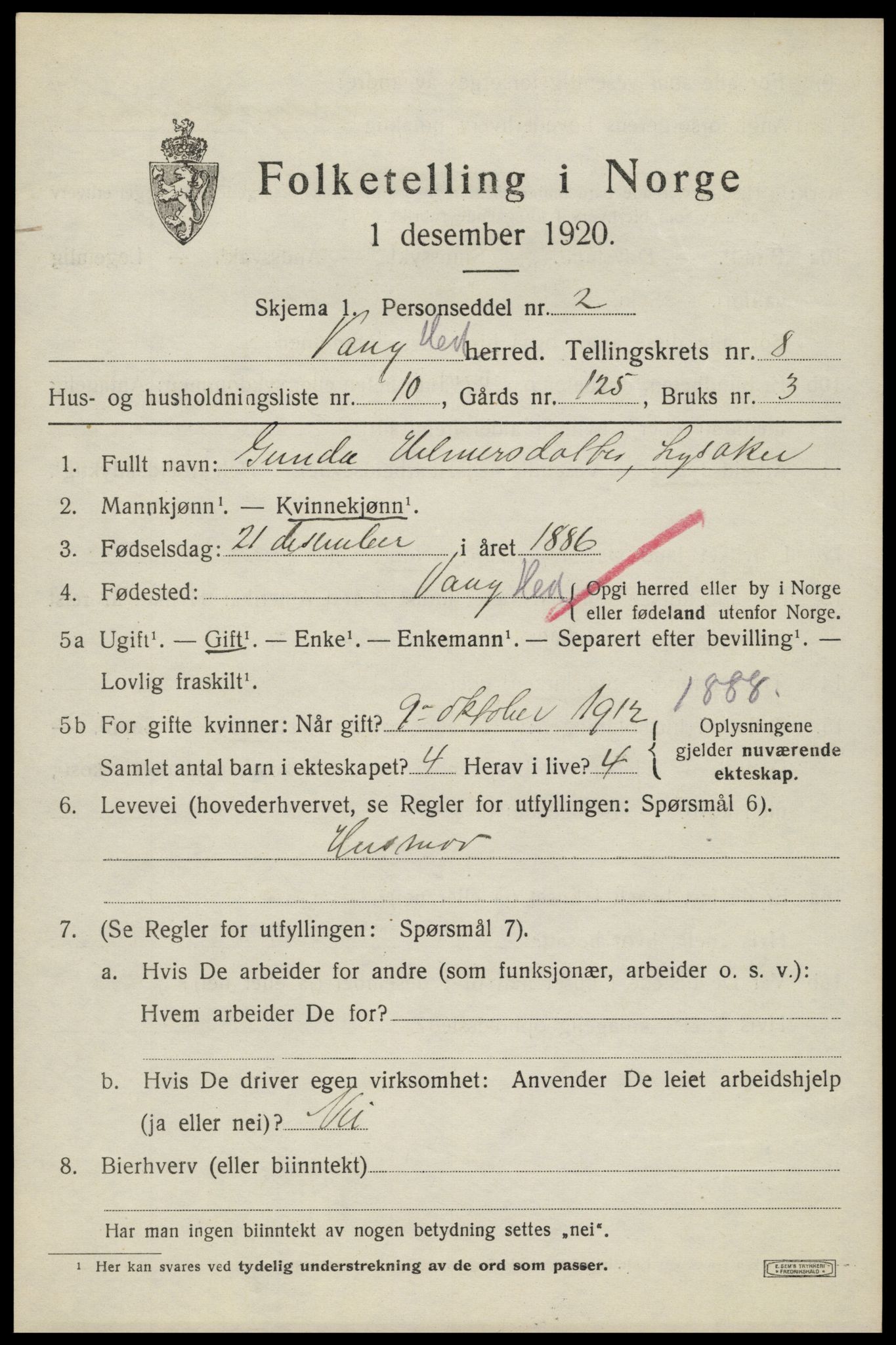 SAH, 1920 census for Vang (Hedmark), 1920, p. 17549