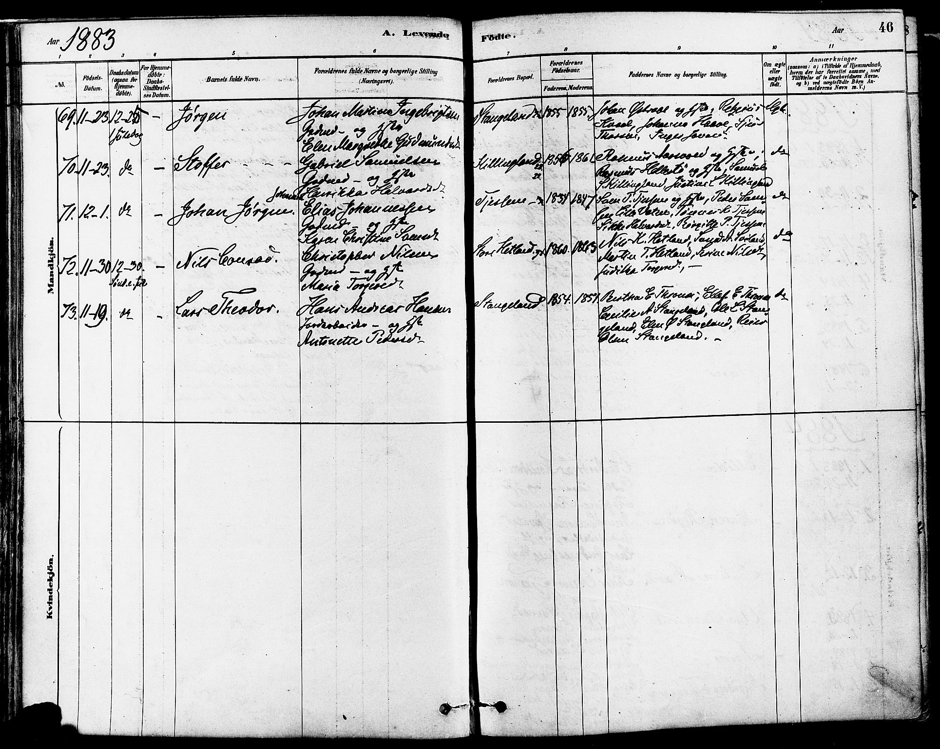 Høyland sokneprestkontor, AV/SAST-A-101799/001/30BA/L0011: Parish register (official) no. A 10, 1878-1888, p. 46