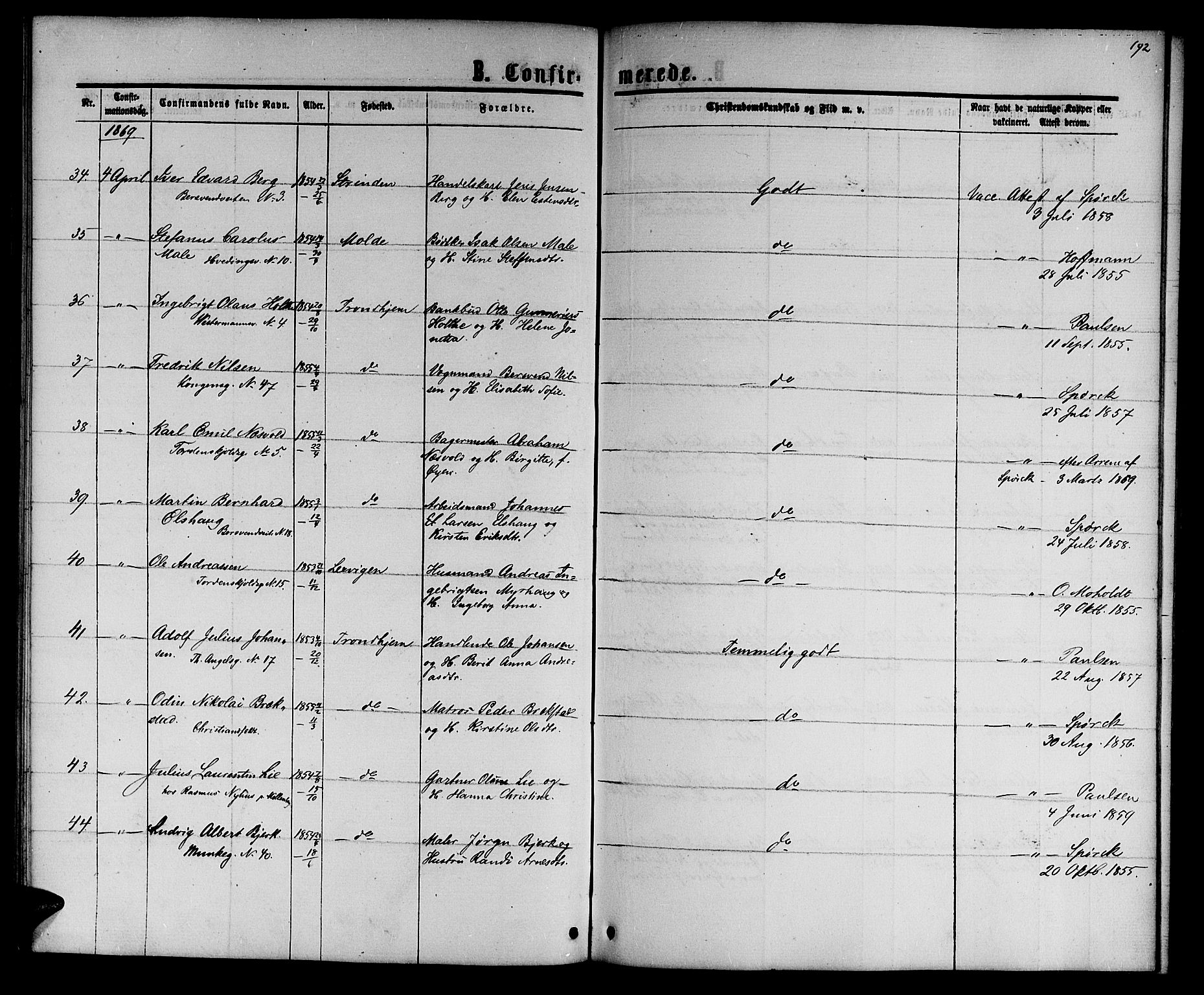 Ministerialprotokoller, klokkerbøker og fødselsregistre - Sør-Trøndelag, AV/SAT-A-1456/601/L0087: Parish register (copy) no. 601C05, 1864-1881, p. 192