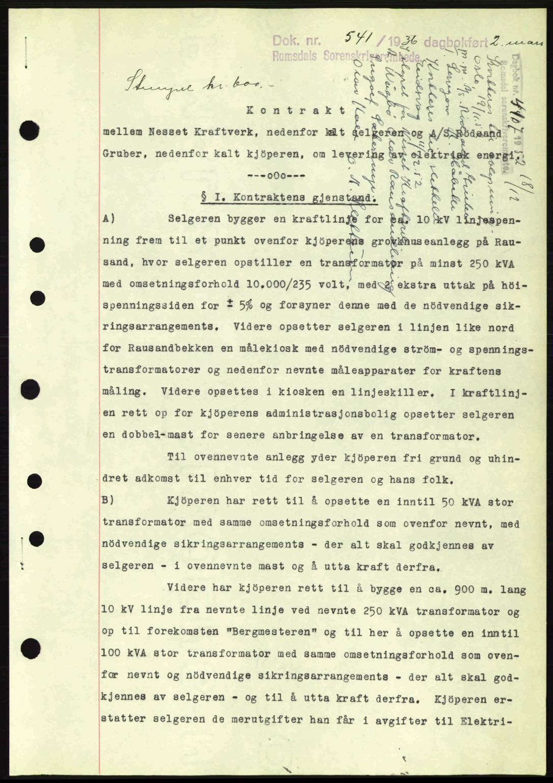 Romsdal sorenskriveri, AV/SAT-A-4149/1/2/2C: Mortgage book no. A1, 1936-1936, Diary no: : 541/1936