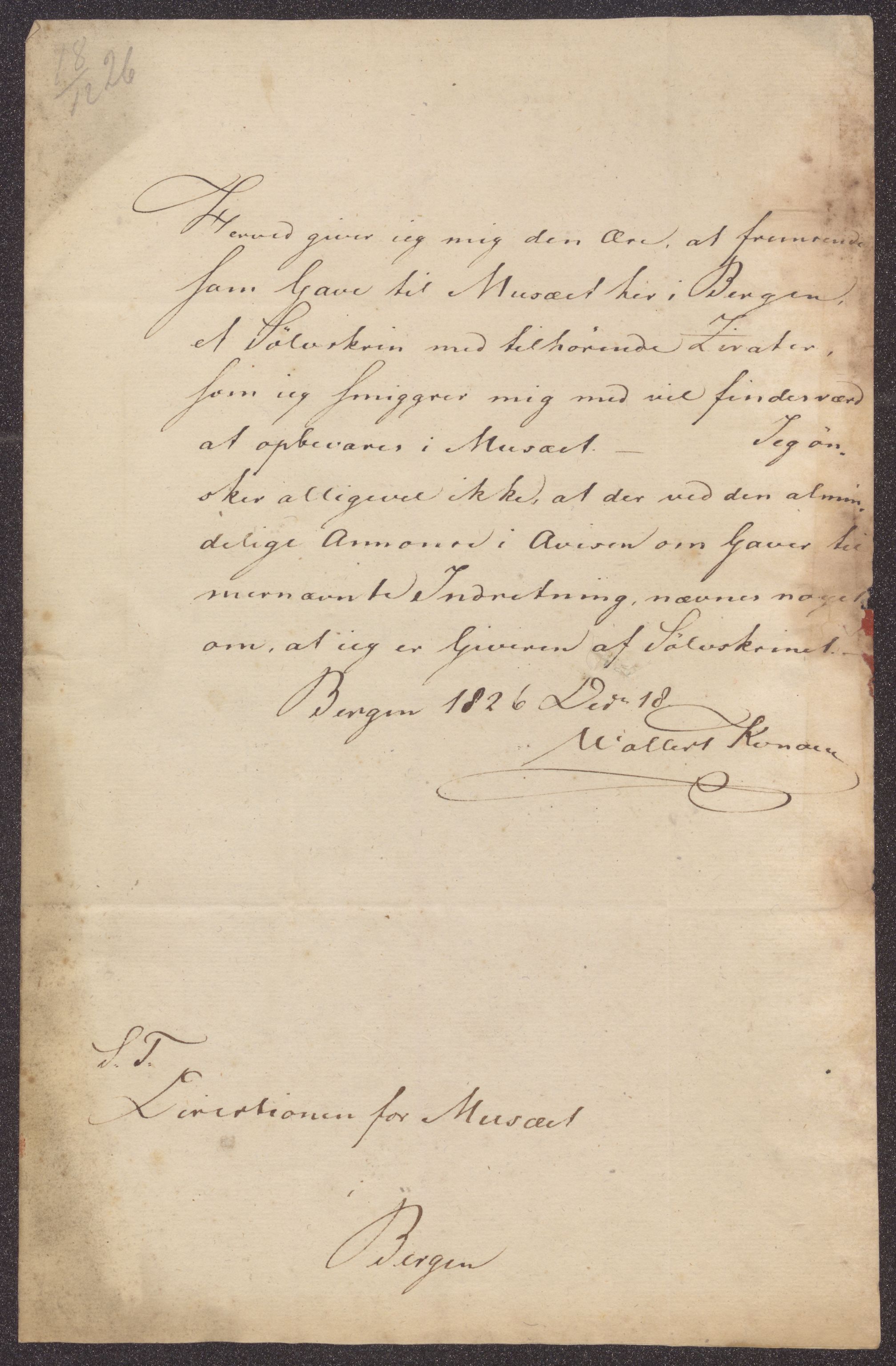 Bergens Museum, UMB/A007/D/Da/L0001/0003: Innkommende brev 1822 - 1826 / Innkommende brev 1826, 1826
