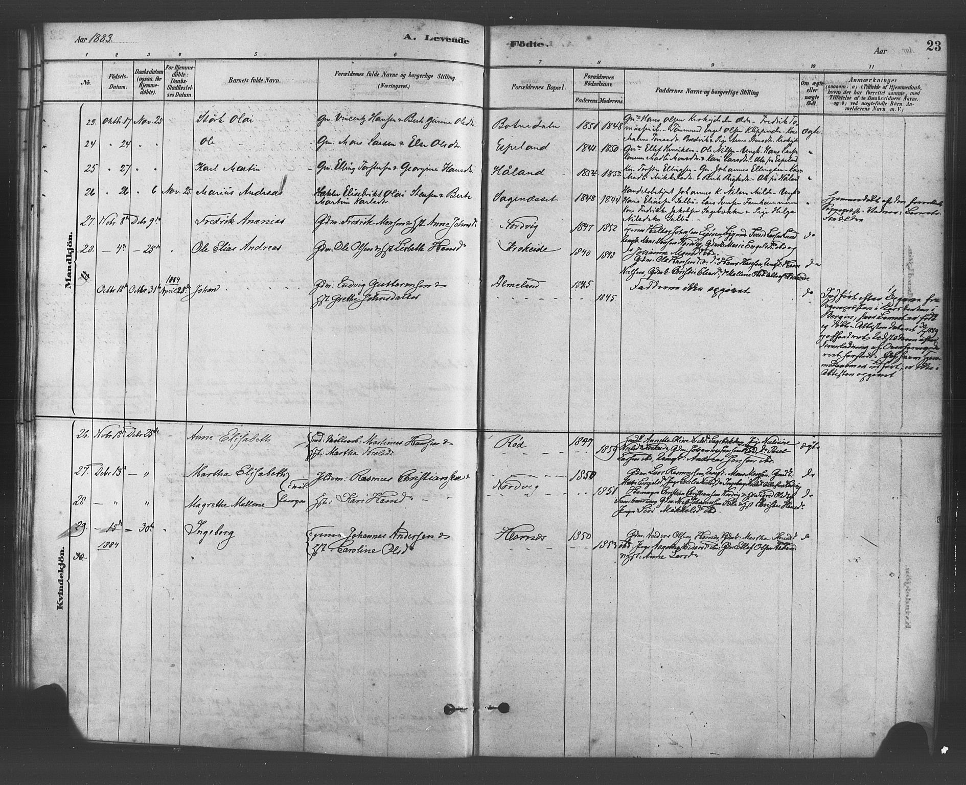 Fana Sokneprestembete, SAB/A-75101/H/Haa/Haab/L0001: Parish register (official) no. B 1, 1878-1889, p. 23