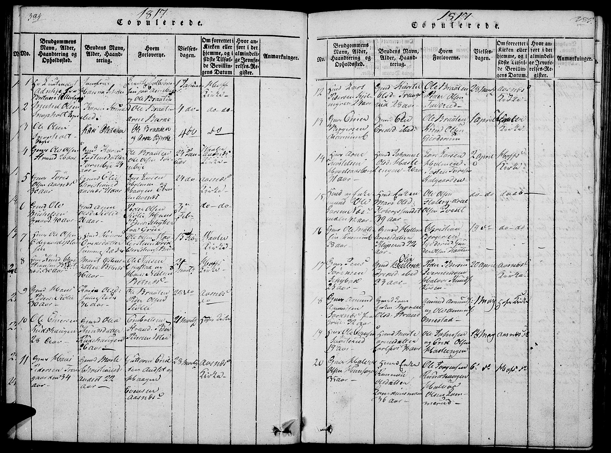 Hof prestekontor, SAH/PREST-038/H/Ha/Haa/L0005: Parish register (official) no. 5, 1816-1822, p. 384-385