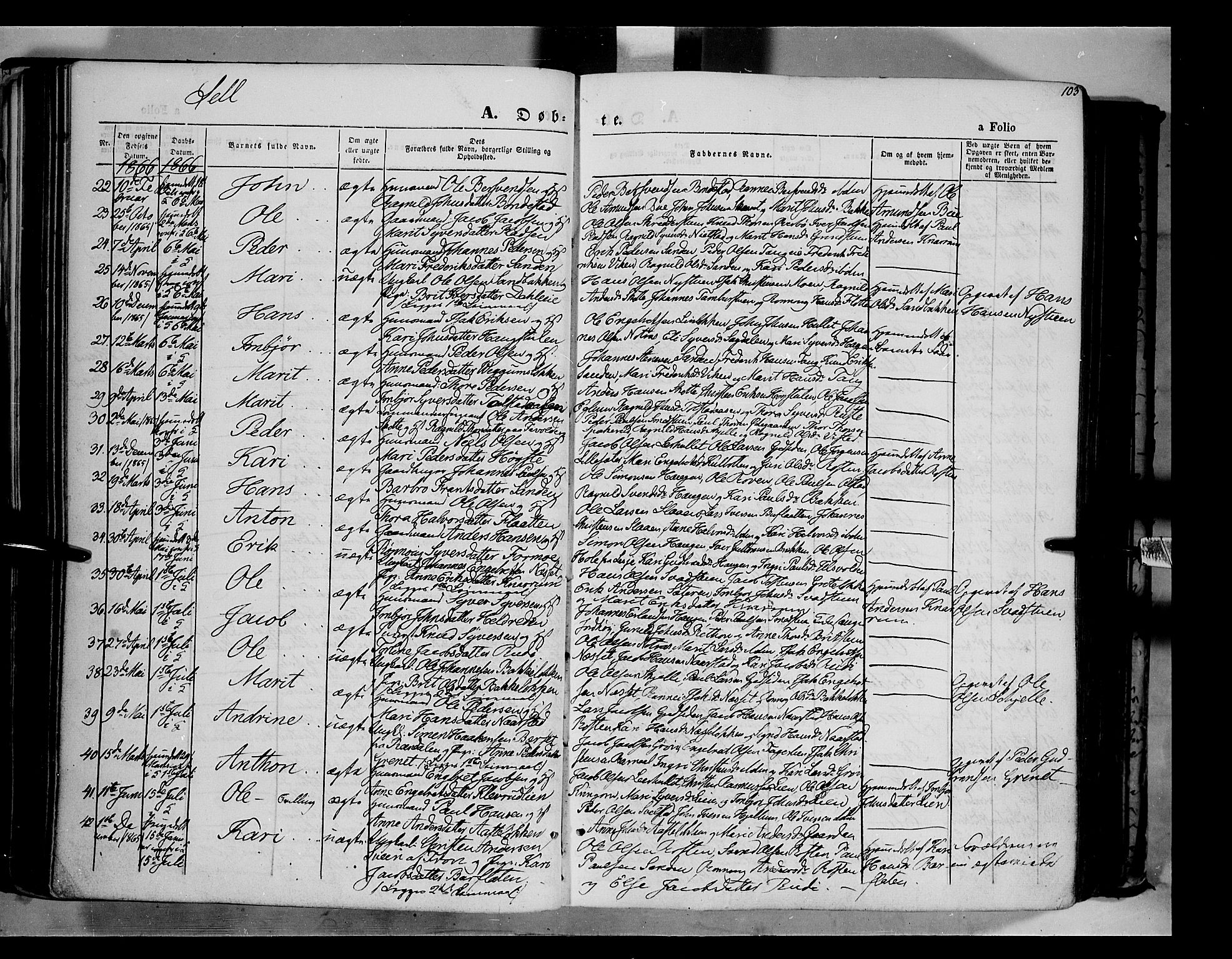 Vågå prestekontor, SAH/PREST-076/H/Ha/Haa/L0006: Parish register (official) no. 6 /3, 1857-1872, p. 103