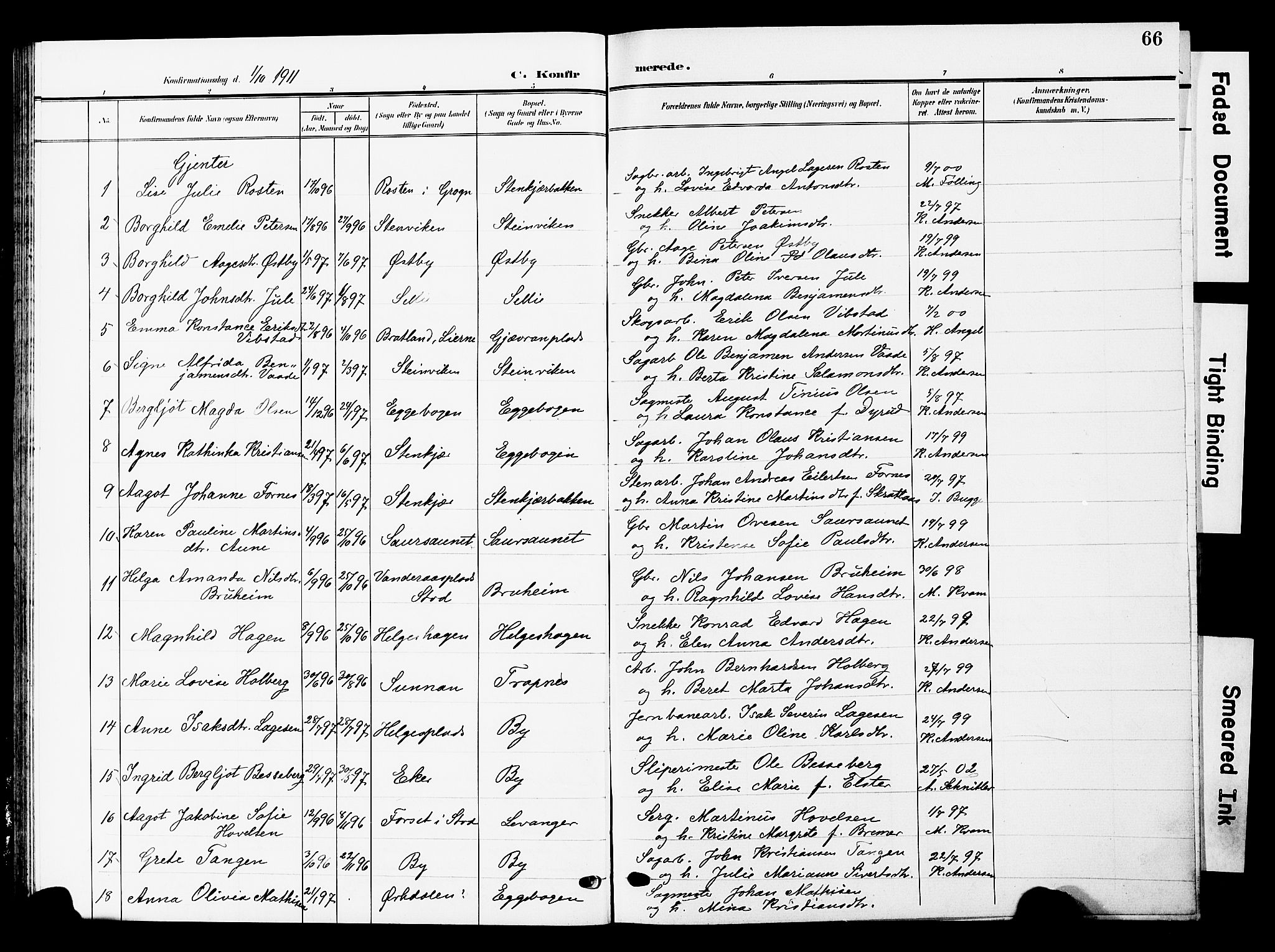 Ministerialprotokoller, klokkerbøker og fødselsregistre - Nord-Trøndelag, AV/SAT-A-1458/740/L0381: Parish register (copy) no. 740C02, 1903-1914, p. 66