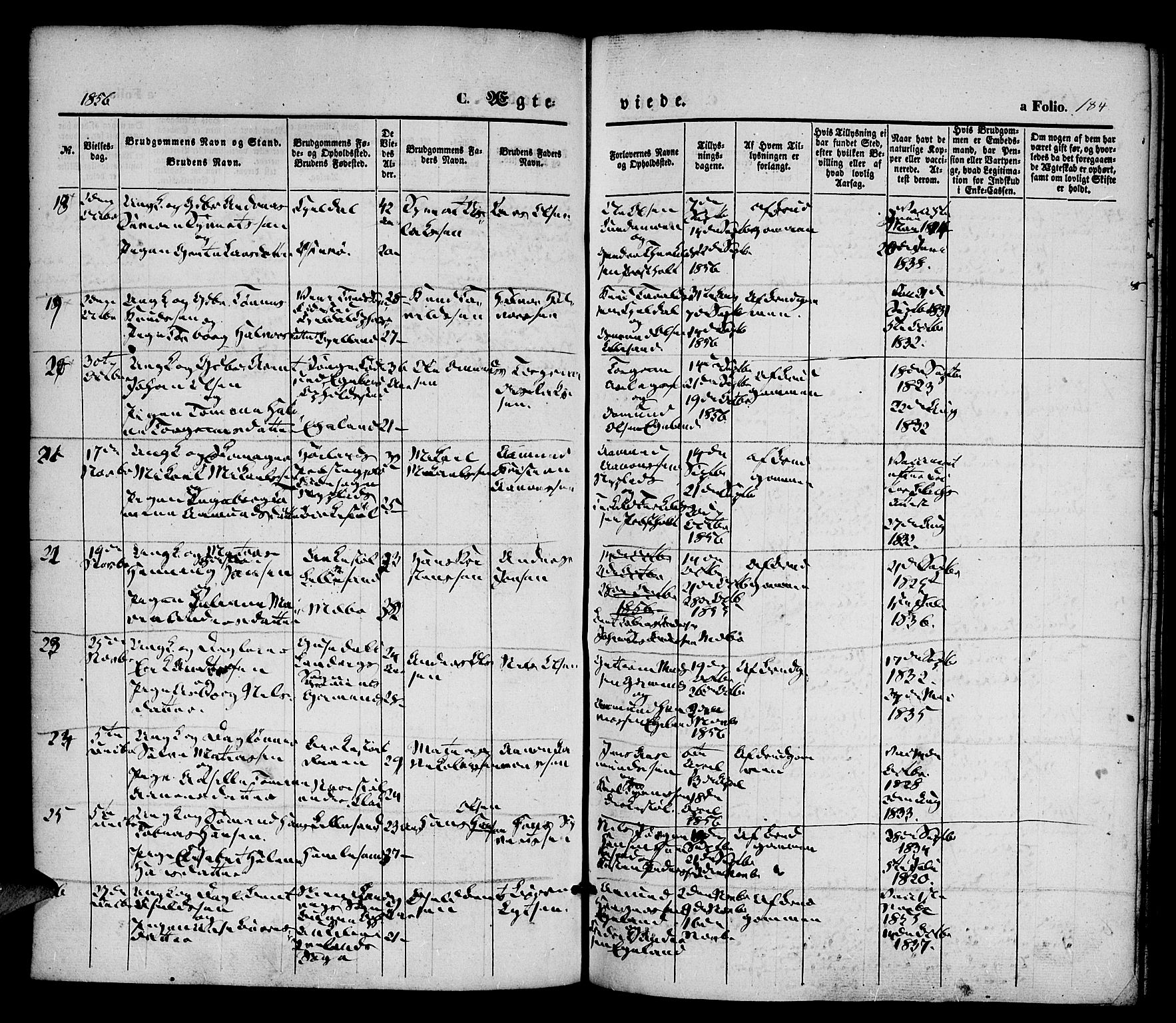 Vestre Moland sokneprestkontor, AV/SAK-1111-0046/F/Fa/Fab/L0006: Parish register (official) no. A 6, 1850-1858, p. 184