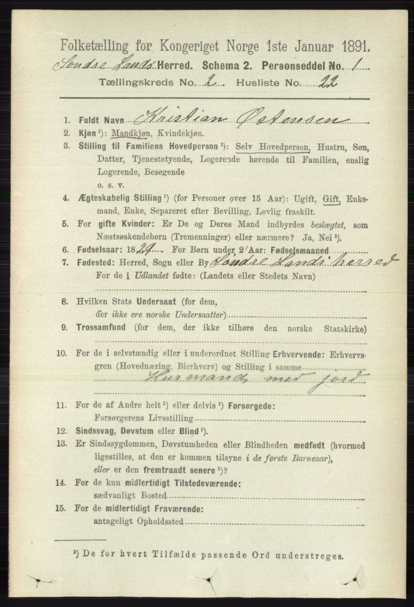 RA, 1891 census for 0536 Søndre Land, 1891, p. 1150