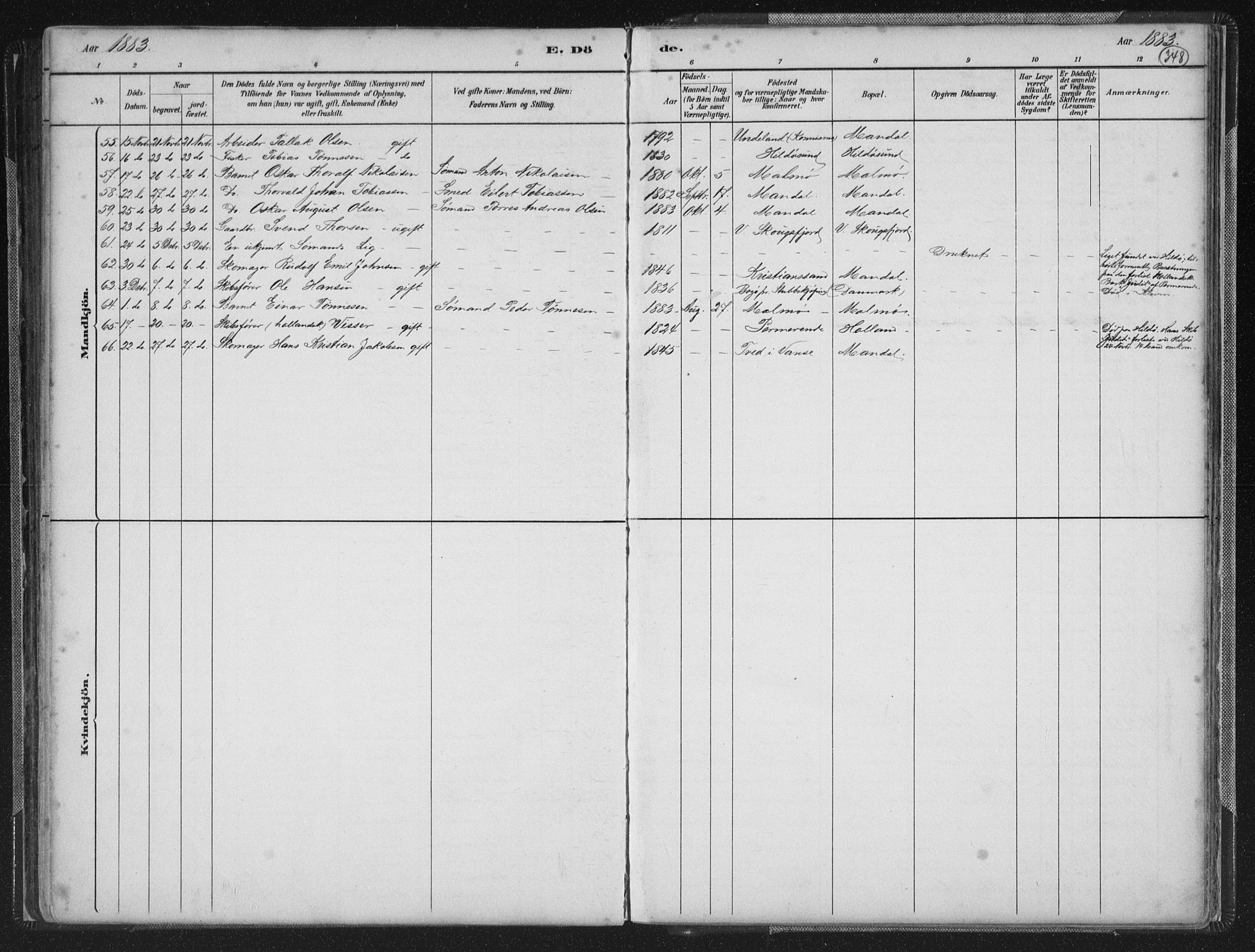 Mandal sokneprestkontor, AV/SAK-1111-0030/F/Fb/Fba/L0011: Parish register (copy) no. B 5, 1880-1898, p. 348