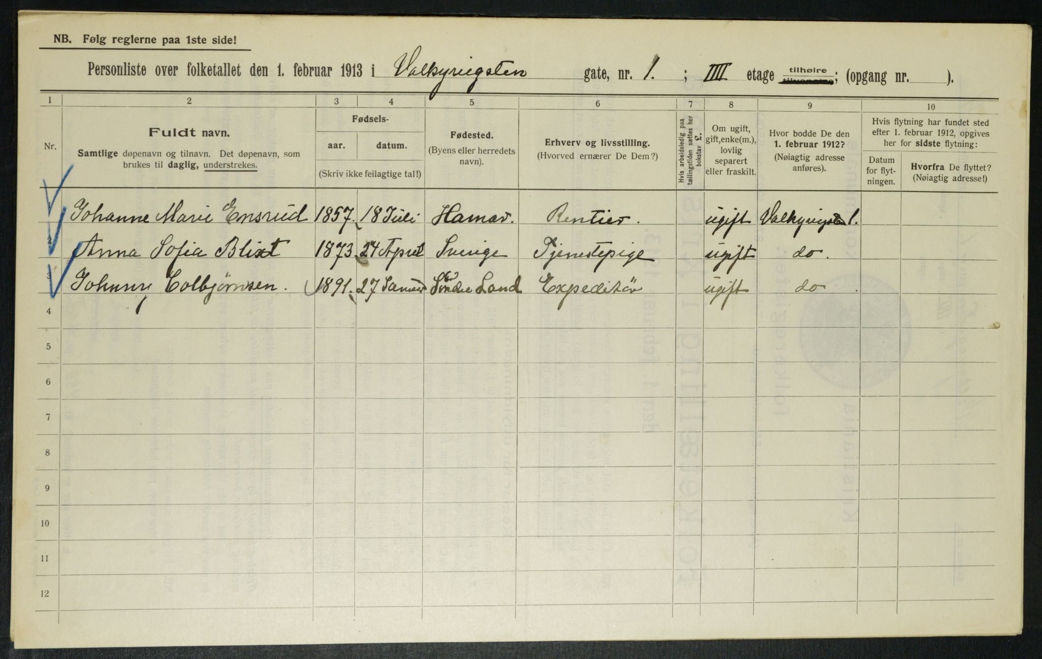 OBA, Municipal Census 1913 for Kristiania, 1913, p. 121510