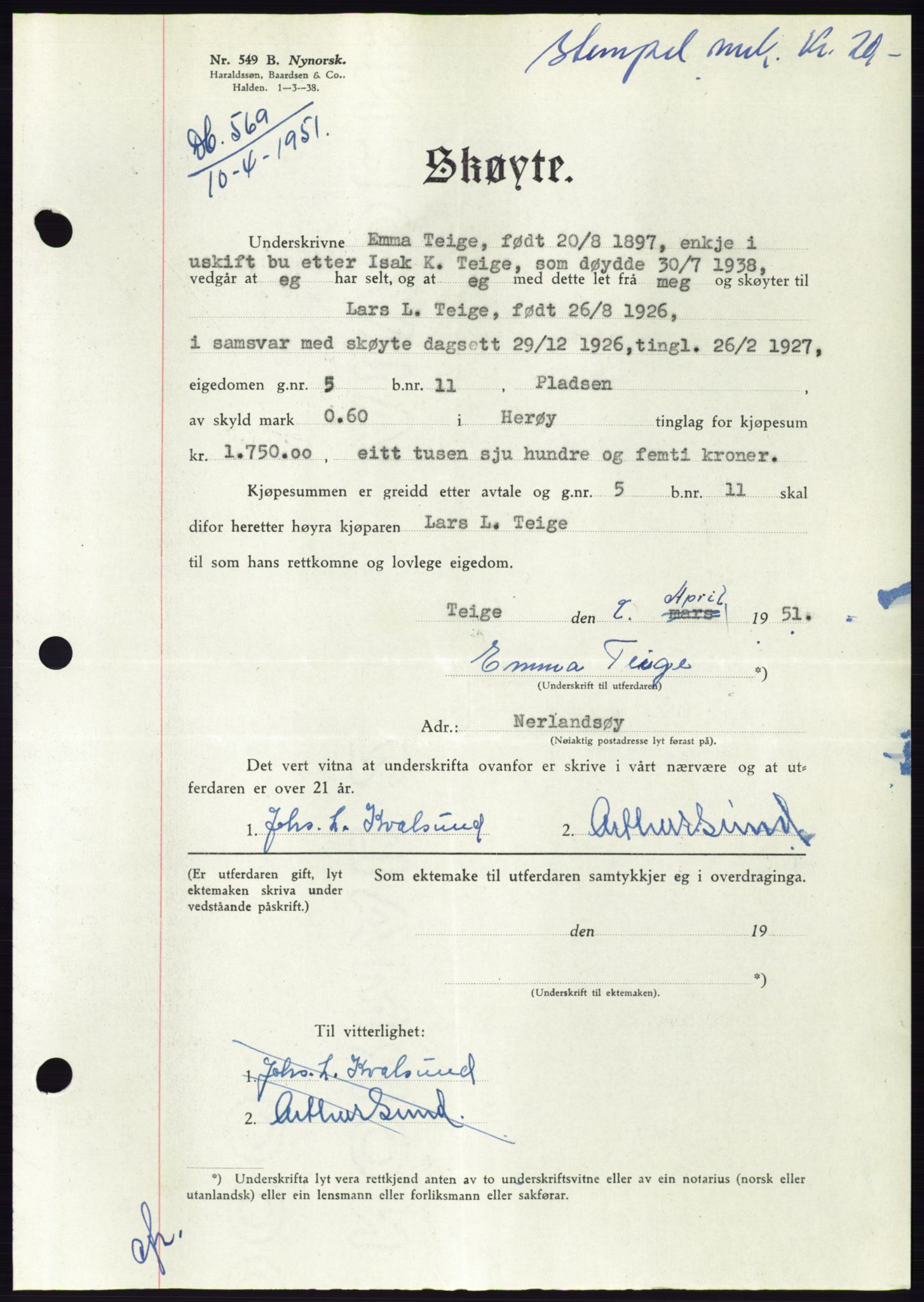 Søre Sunnmøre sorenskriveri, AV/SAT-A-4122/1/2/2C/L0089: Mortgage book no. 15A, 1951-1951, Diary no: : 569/1951