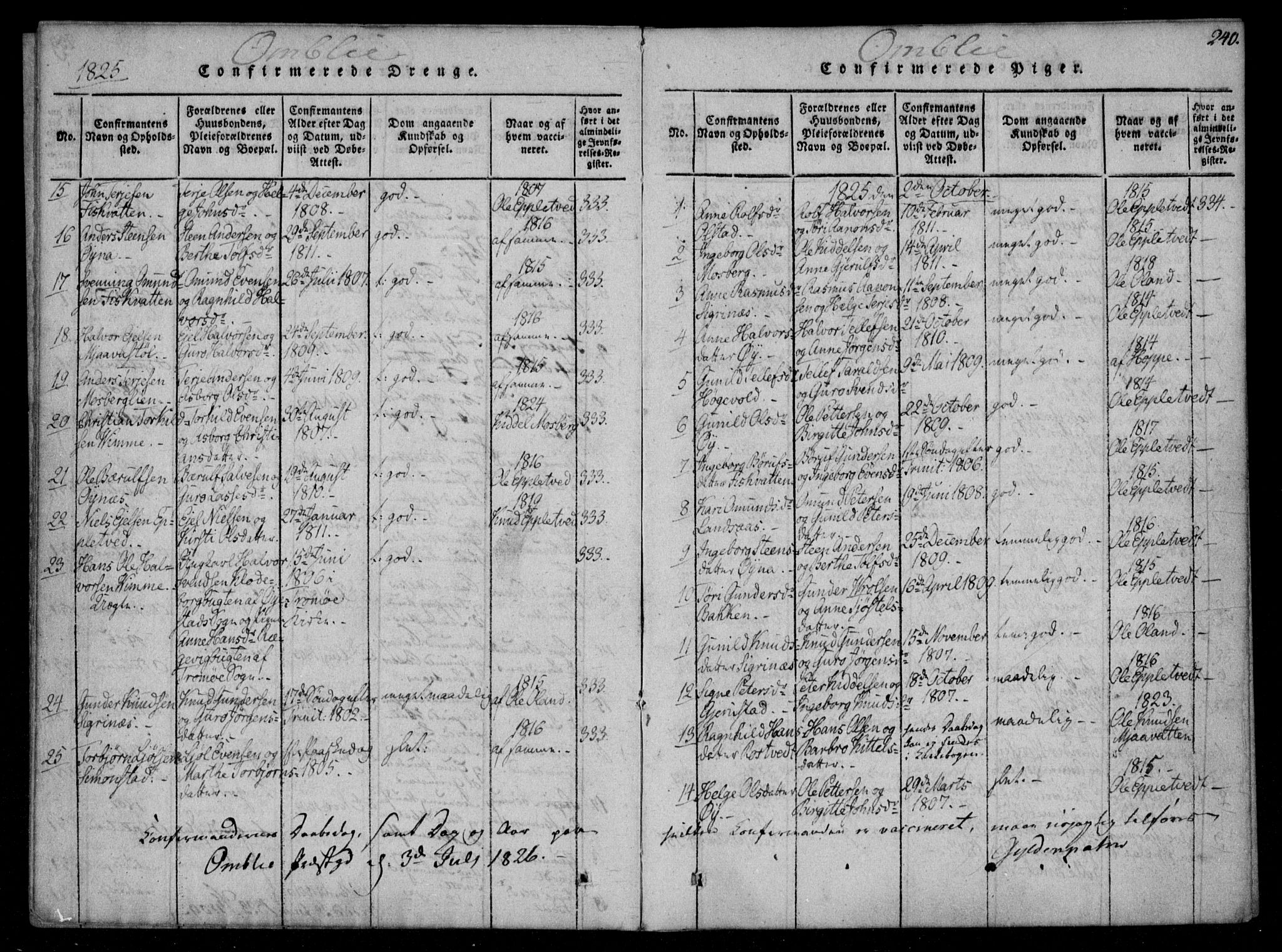 Åmli sokneprestkontor, SAK/1111-0050/F/Fa/Fac/L0006: Parish register (official) no. A 6, 1816-1829, p. 240
