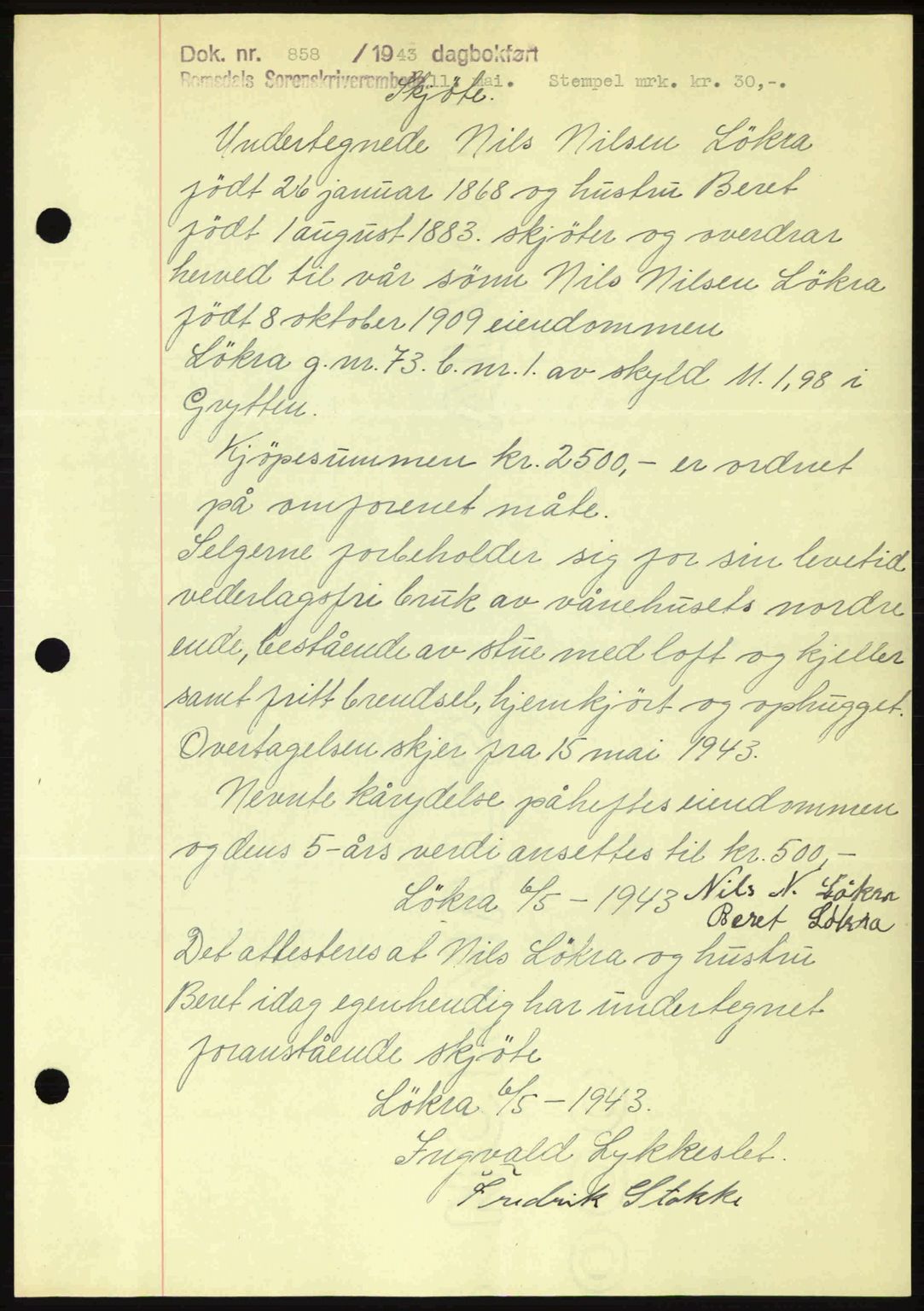 Romsdal sorenskriveri, AV/SAT-A-4149/1/2/2C: Mortgage book no. A14, 1943-1943, Diary no: : 858/1943