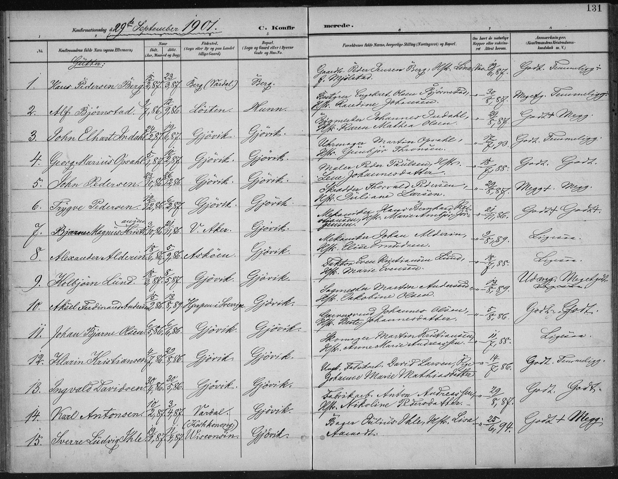 Vardal prestekontor, SAH/PREST-100/H/Ha/Haa/L0013: Parish register (official) no. 13, 1901-1911, p. 131