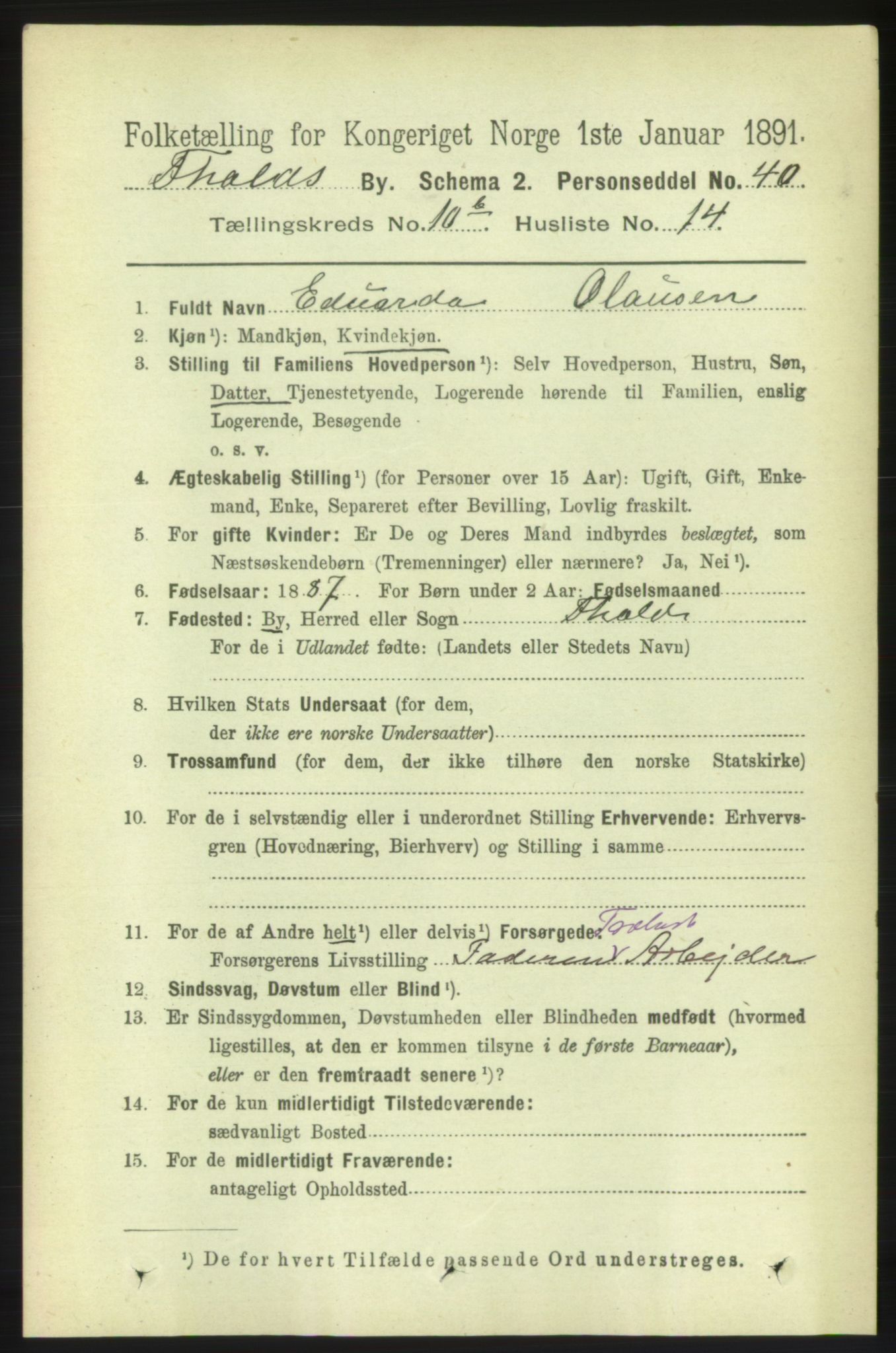 RA, 1891 census for 0101 Fredrikshald, 1891, p. 7520