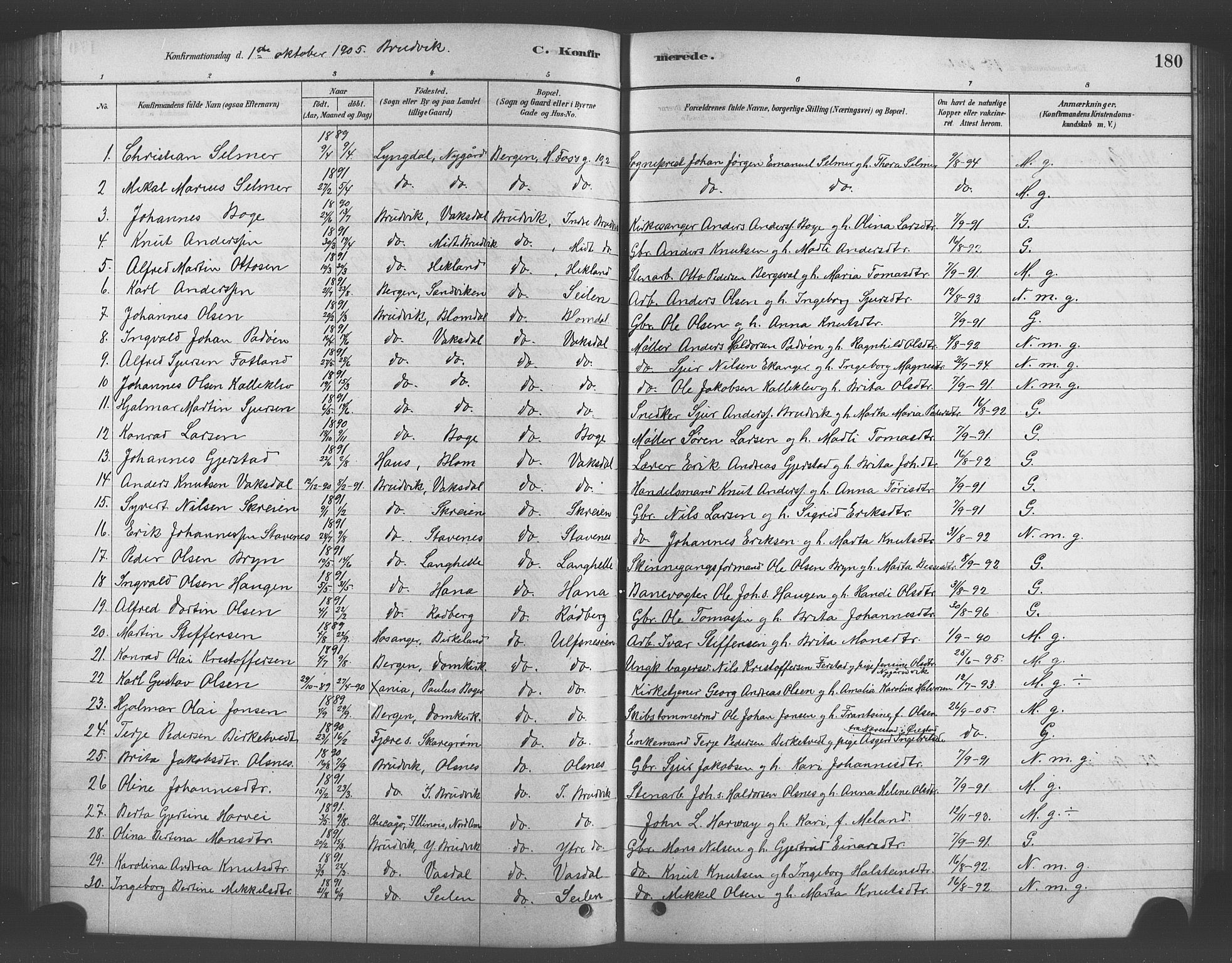 Bruvik Sokneprestembete, SAB/A-74701/H/Hab: Parish register (copy) no. A 1, 1878-1907, p. 180