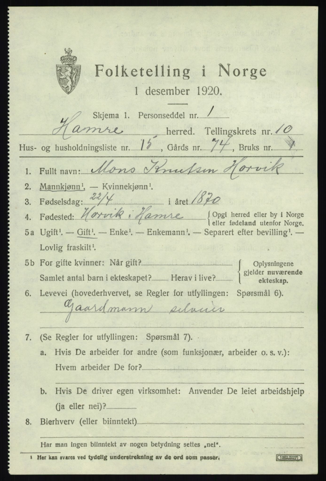 SAB, 1920 census for Hamre, 1920, p. 6069