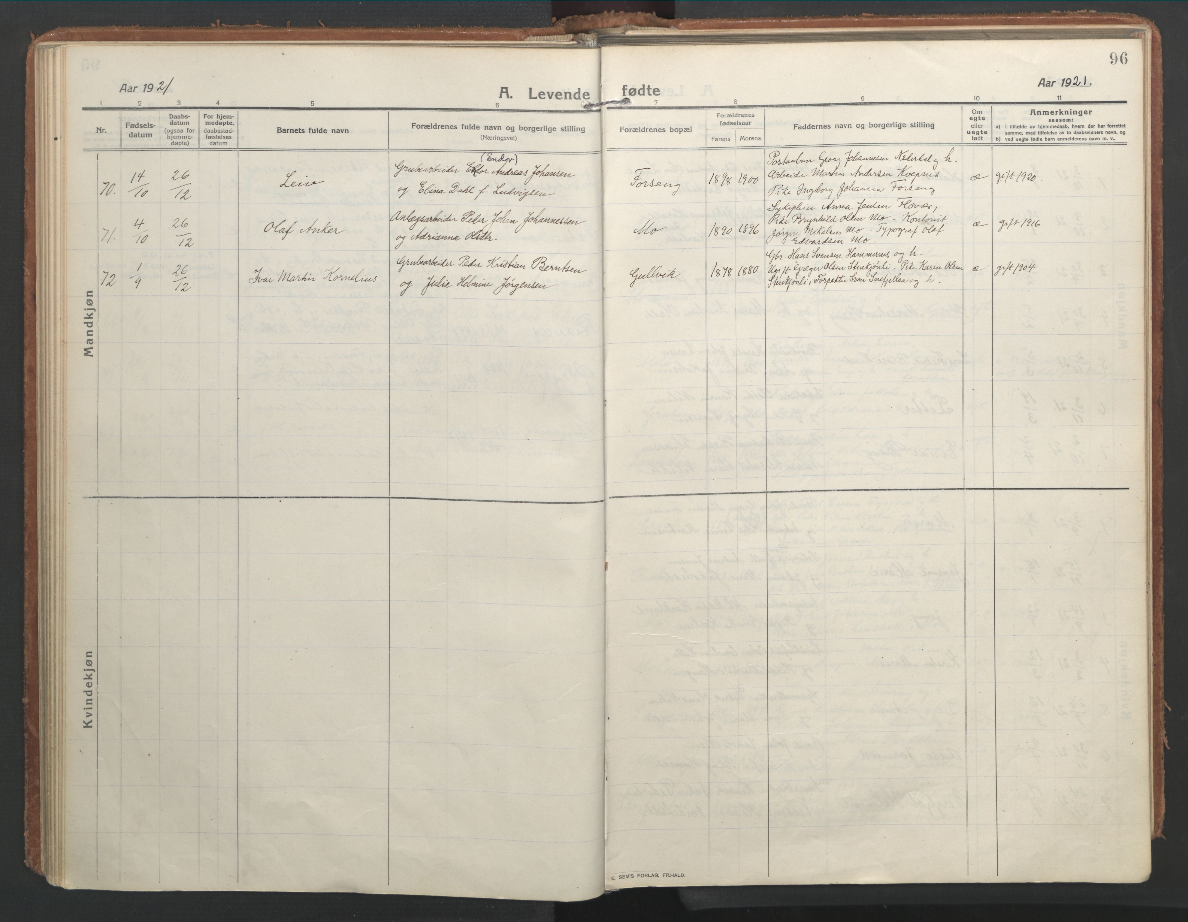 Ministerialprotokoller, klokkerbøker og fødselsregistre - Nordland, AV/SAT-A-1459/827/L0404: Parish register (official) no. 827A16, 1912-1925, p. 96