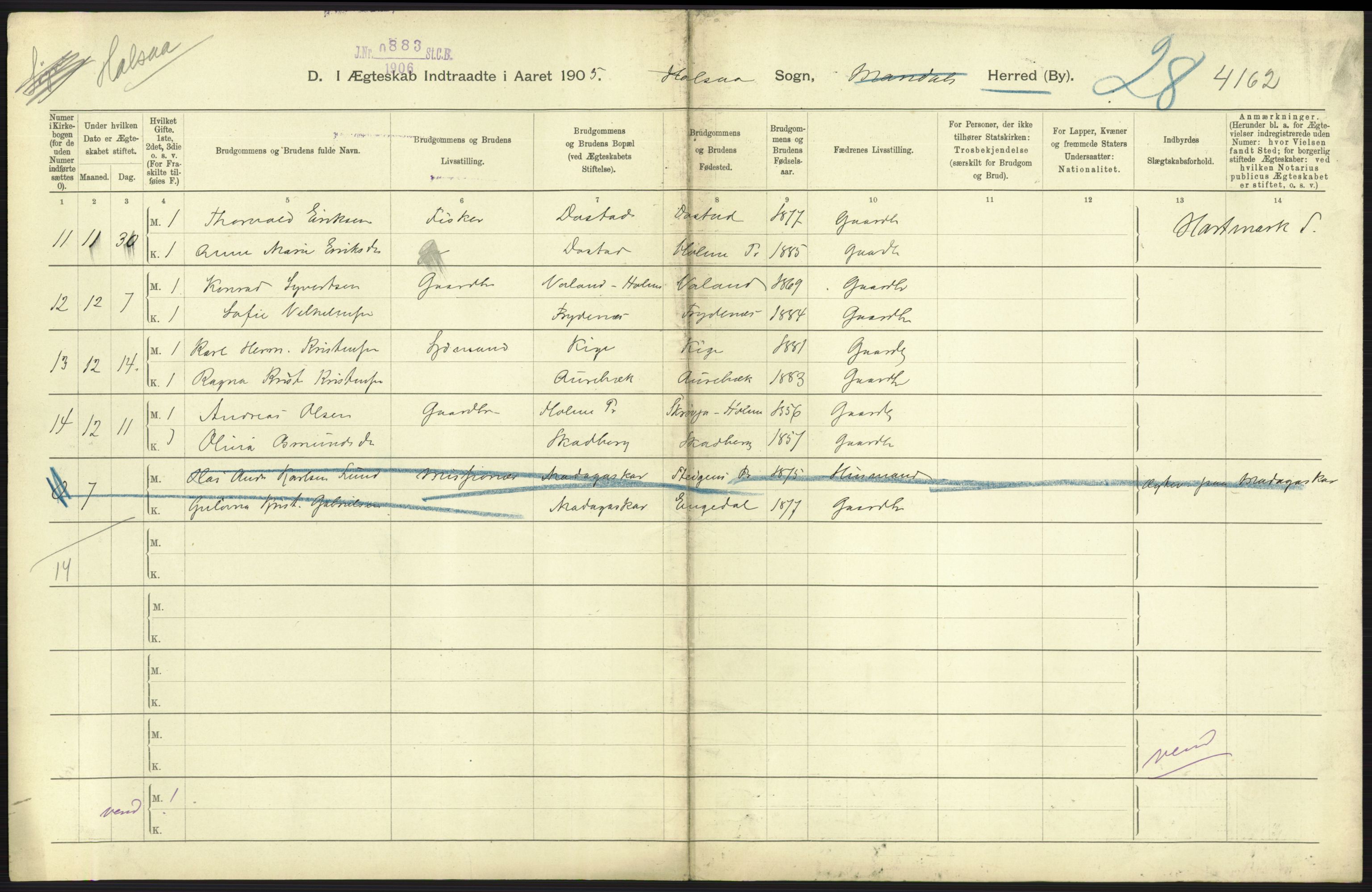 Statistisk sentralbyrå, Sosiodemografiske emner, Befolkning, AV/RA-S-2228/D/Df/Dfa/Dfac/L0020: Lister og Mandals amt: Fødte. Bygder, 1905, p. 31