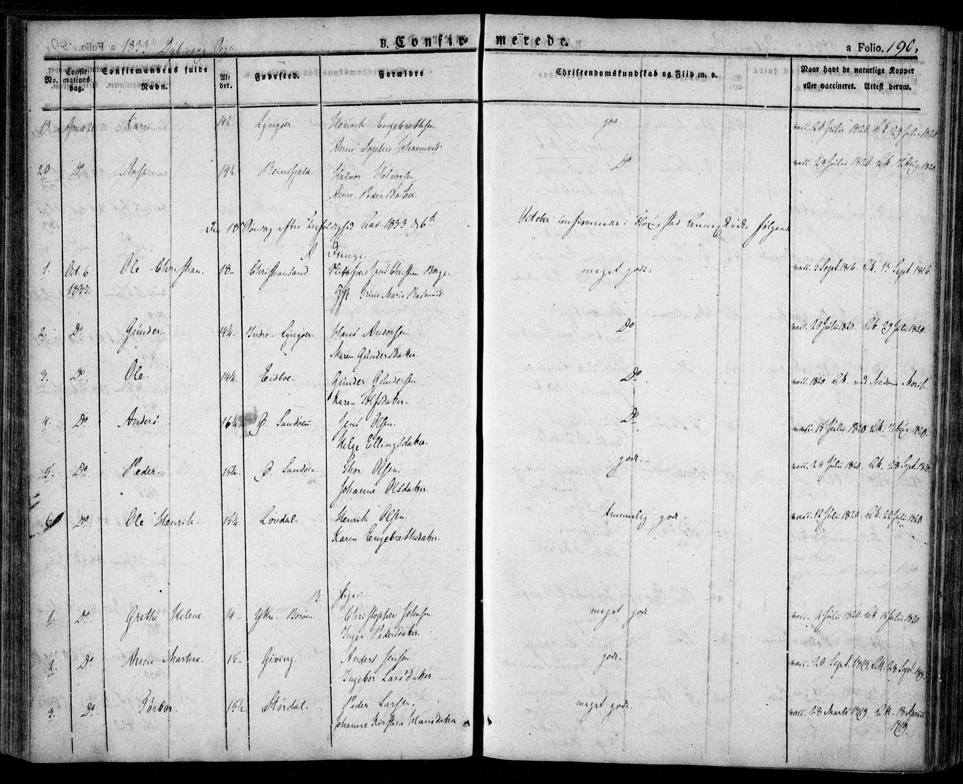 Dypvåg sokneprestkontor, AV/SAK-1111-0007/F/Fa/Faa/L0004: Parish register (official) no. A 4, 1824-1840, p. 190