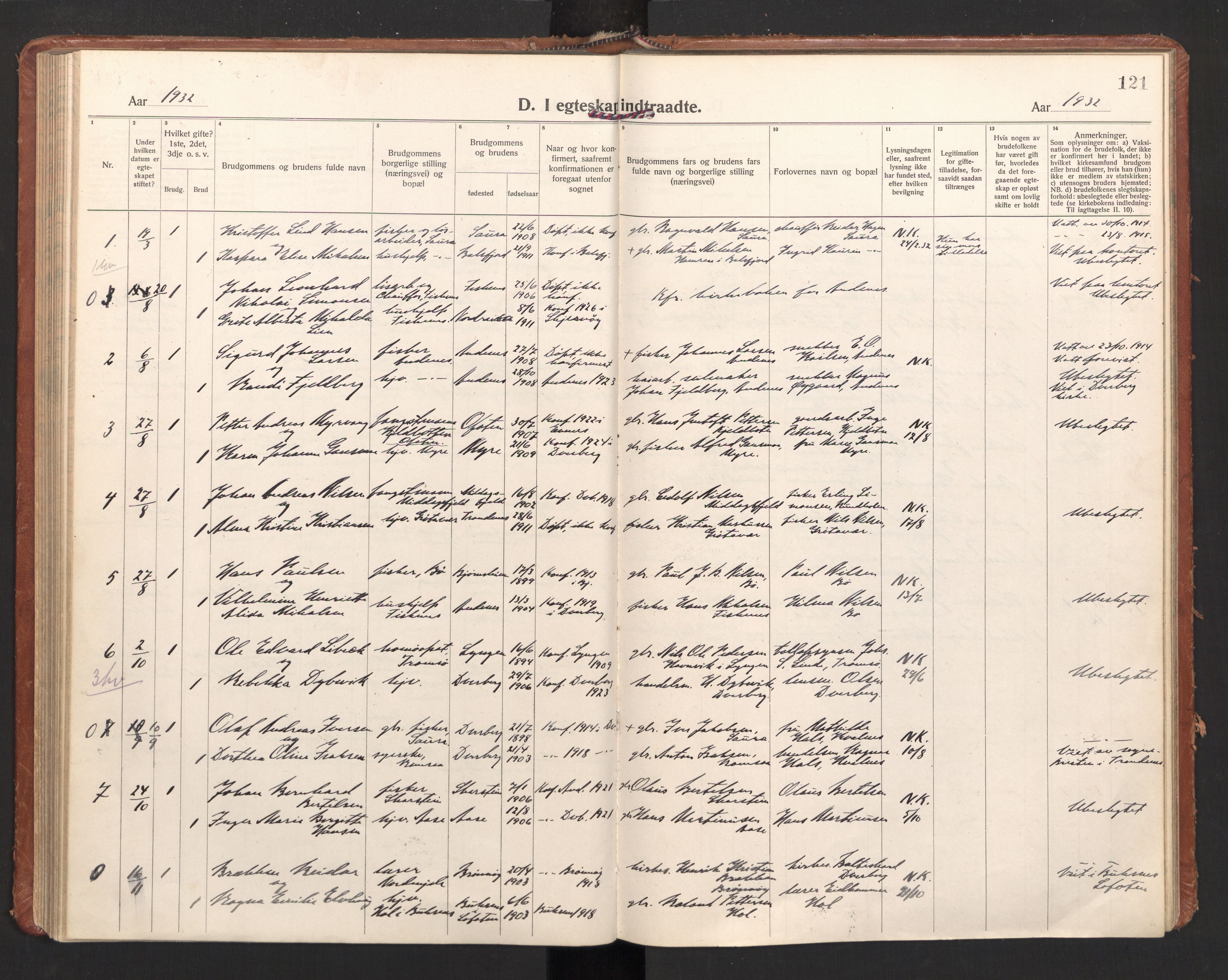 Ministerialprotokoller, klokkerbøker og fødselsregistre - Nordland, SAT/A-1459/897/L1408: Parish register (official) no. 897A15, 1922-1938, p. 121