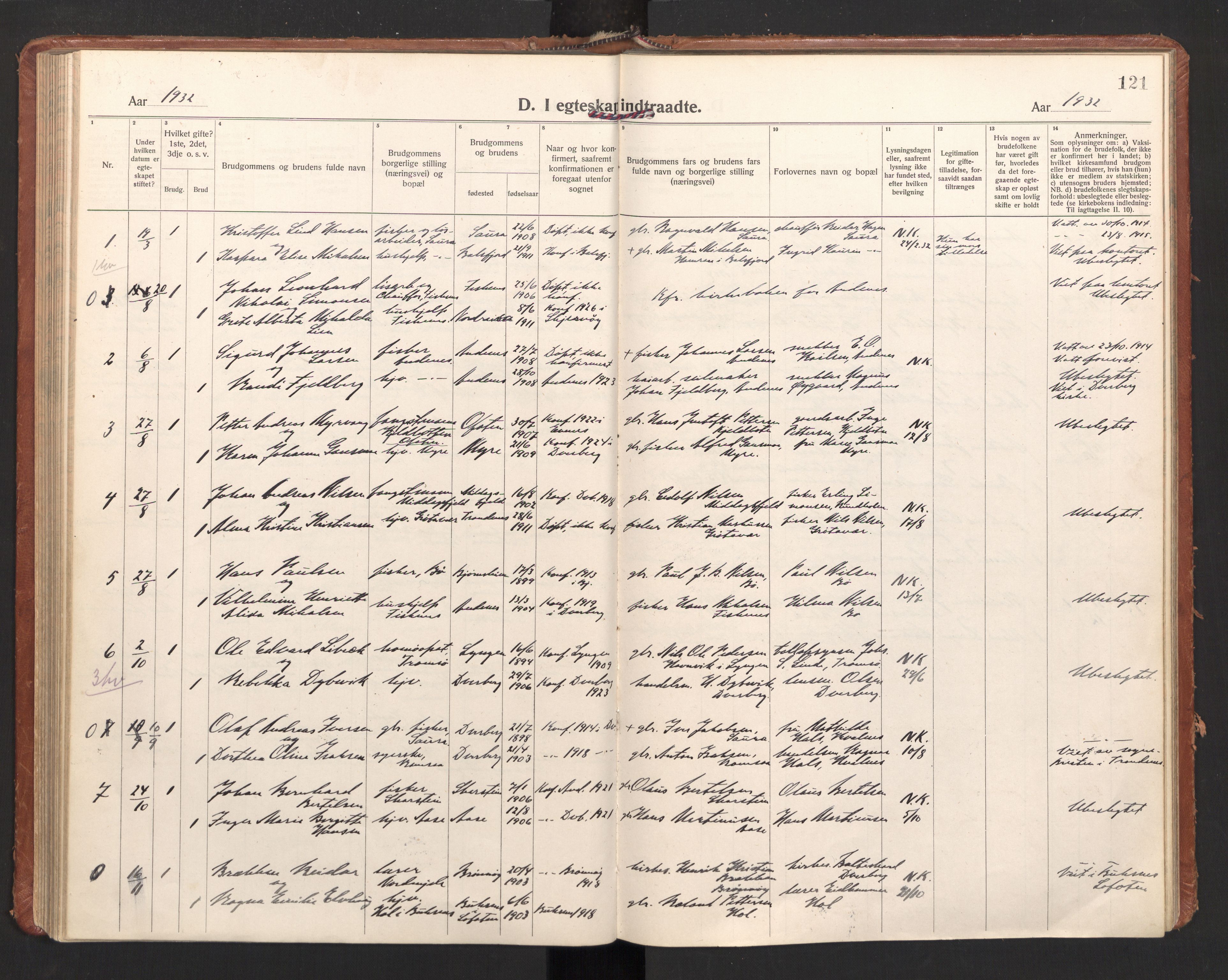 Ministerialprotokoller, klokkerbøker og fødselsregistre - Nordland, AV/SAT-A-1459/897/L1408: Parish register (official) no. 897A15, 1922-1938, p. 121