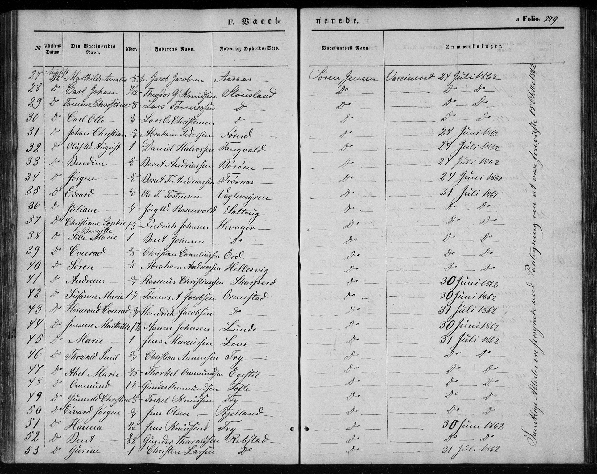Søgne sokneprestkontor, SAK/1111-0037/F/Fa/Fab/L0010: Parish register (official) no. A 10, 1853-1869, p. 279