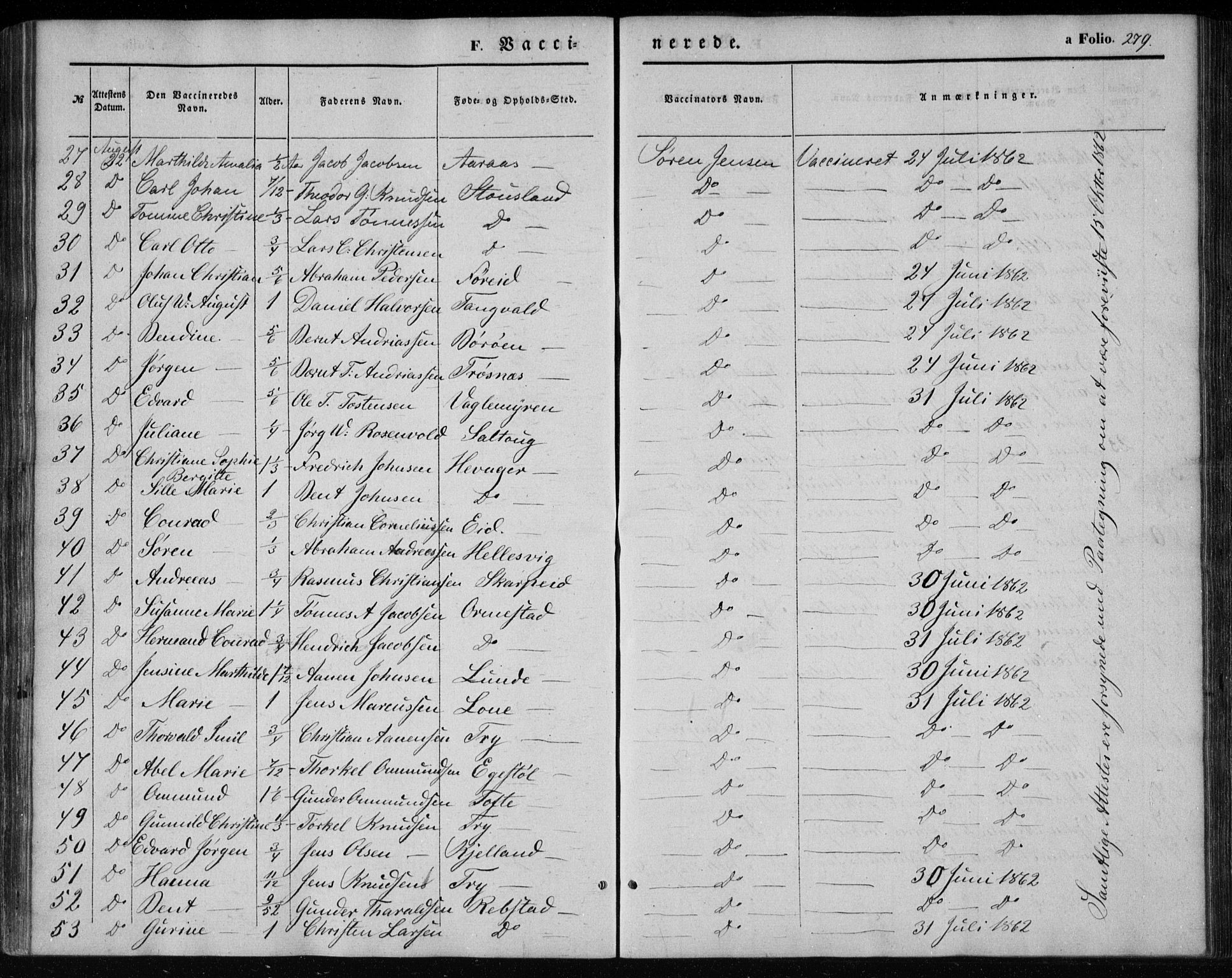 Søgne sokneprestkontor, AV/SAK-1111-0037/F/Fa/Fab/L0010: Parish register (official) no. A 10, 1853-1869, p. 279