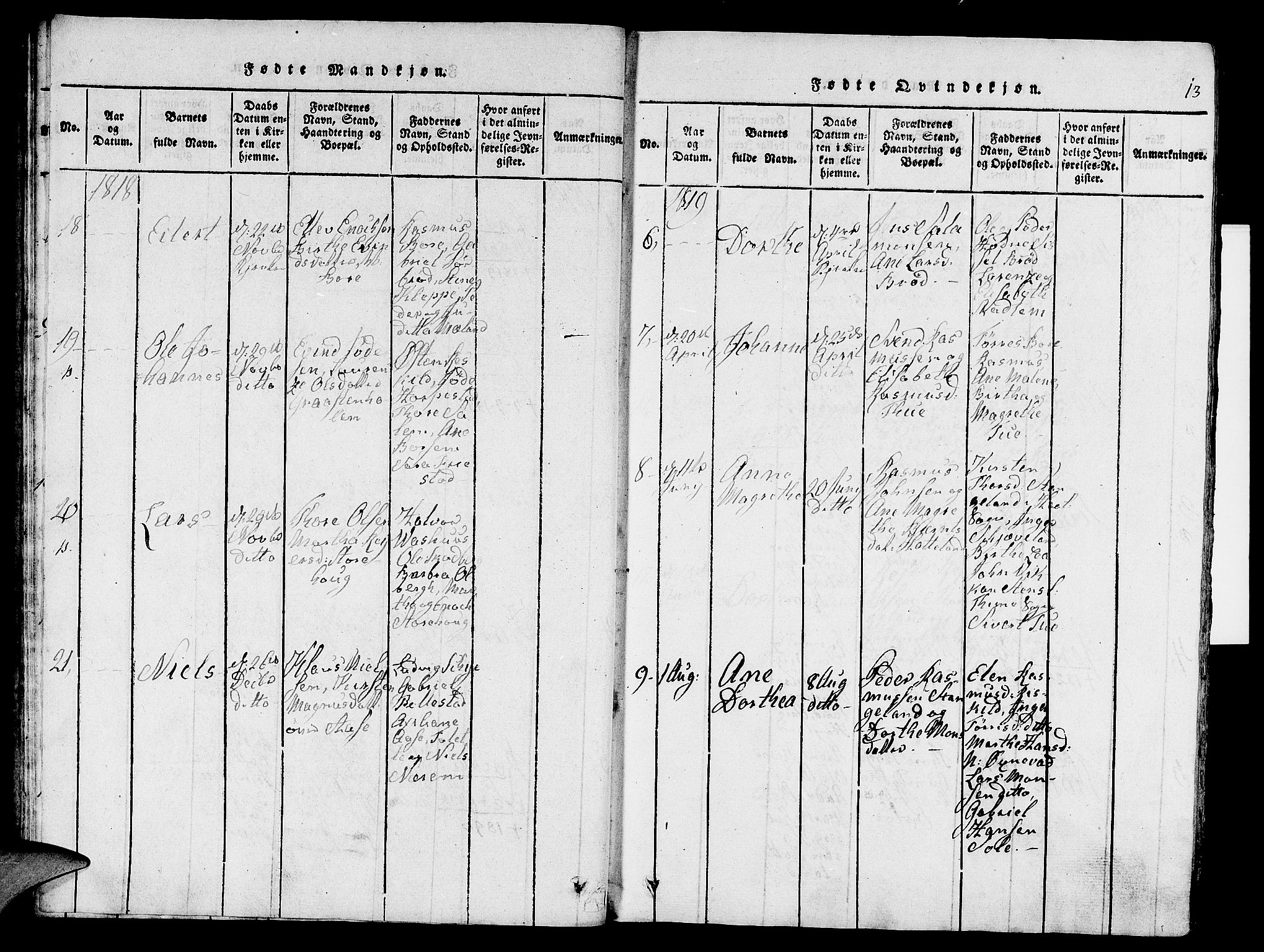 Klepp sokneprestkontor, AV/SAST-A-101803/001/3/30BA/L0002: Parish register (official) no. A 2, 1816-1833, p. 13