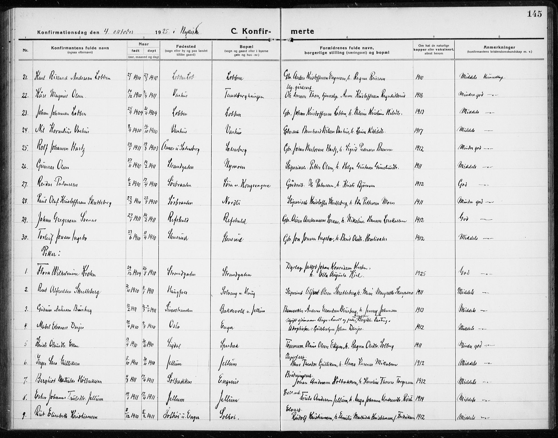 Modum kirkebøker, AV/SAKO-A-234/G/Gc/L0002: Parish register (copy) no. III 2, 1919-1935, p. 145