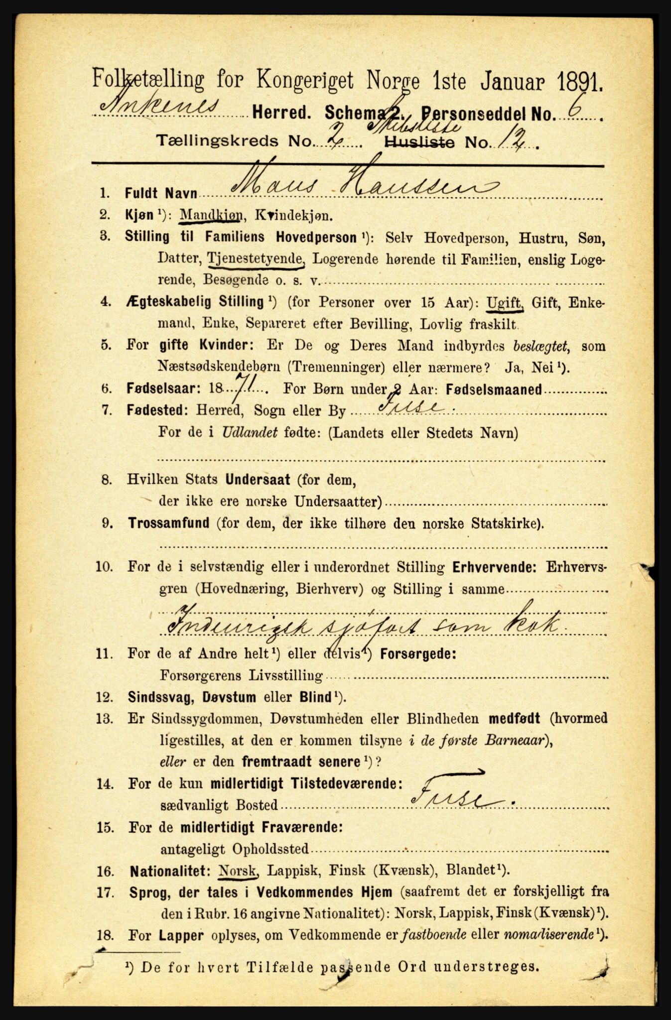 RA, 1891 census for 1855 Ankenes, 1891, p. 1461