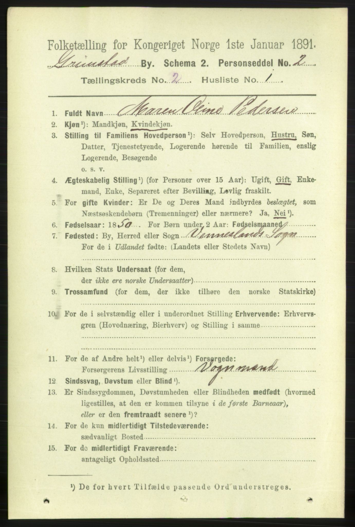 RA, 1891 census for 0904 Grimstad, 1891, p. 1495